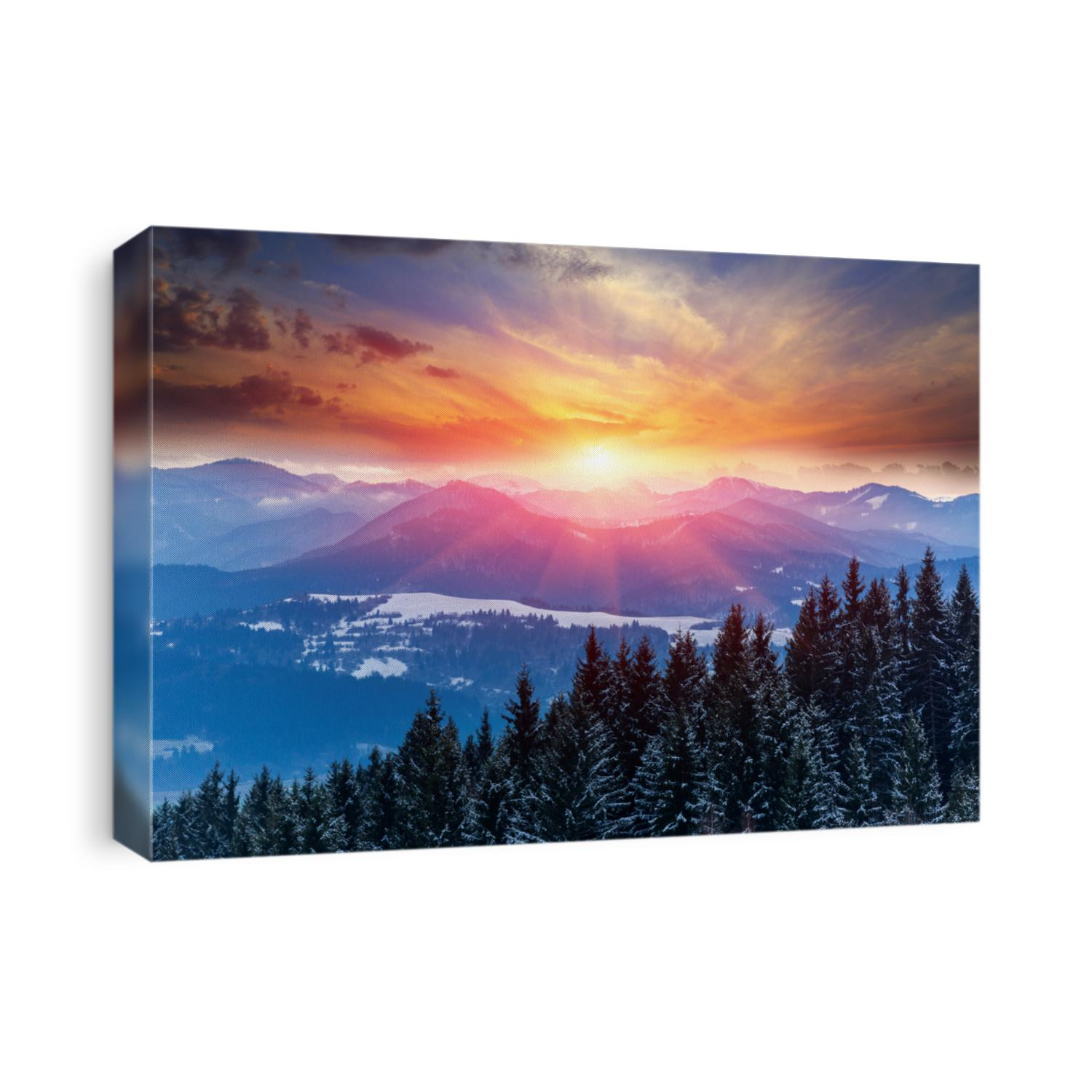 Winter scene with sunset in mountains