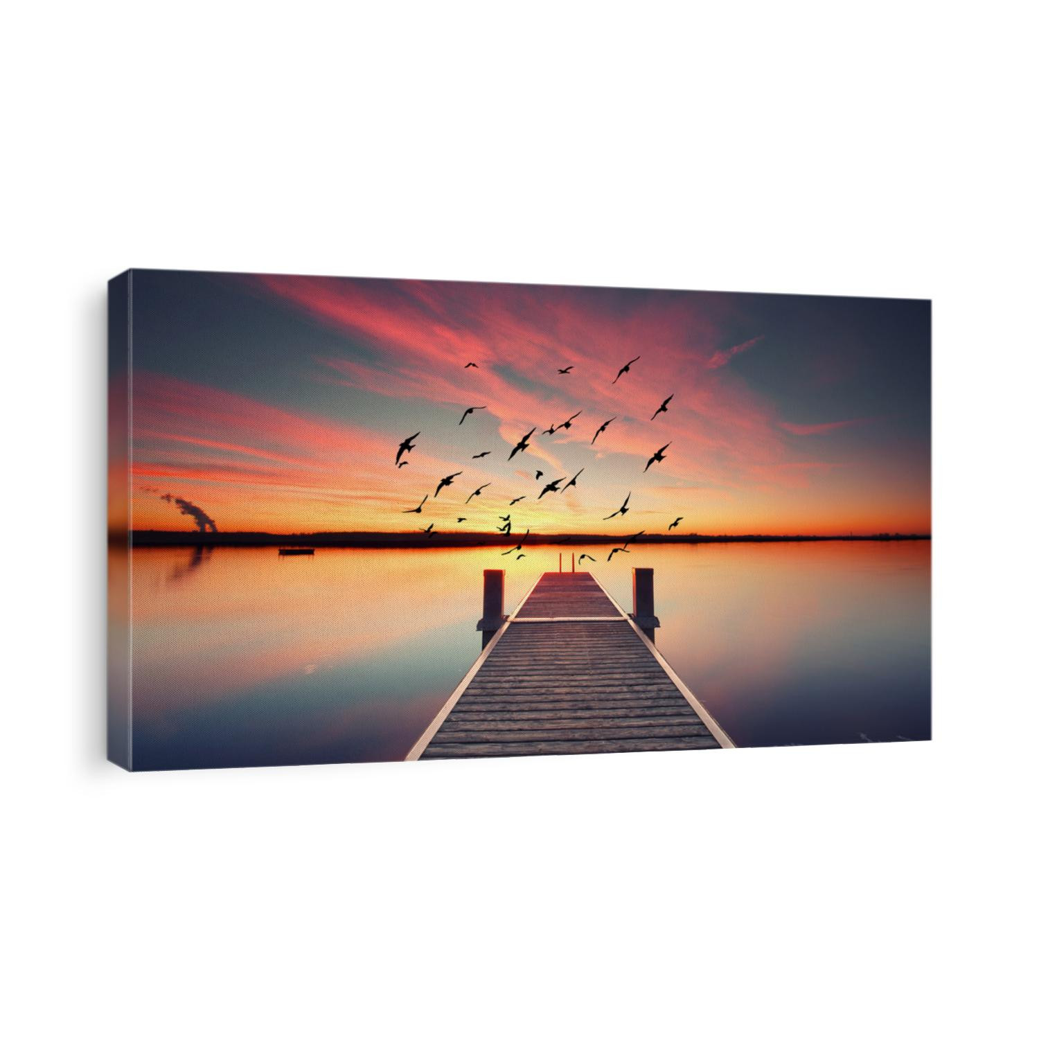 Perspective view of a wooden pier on the pond at sunset with perfectly specular reflection