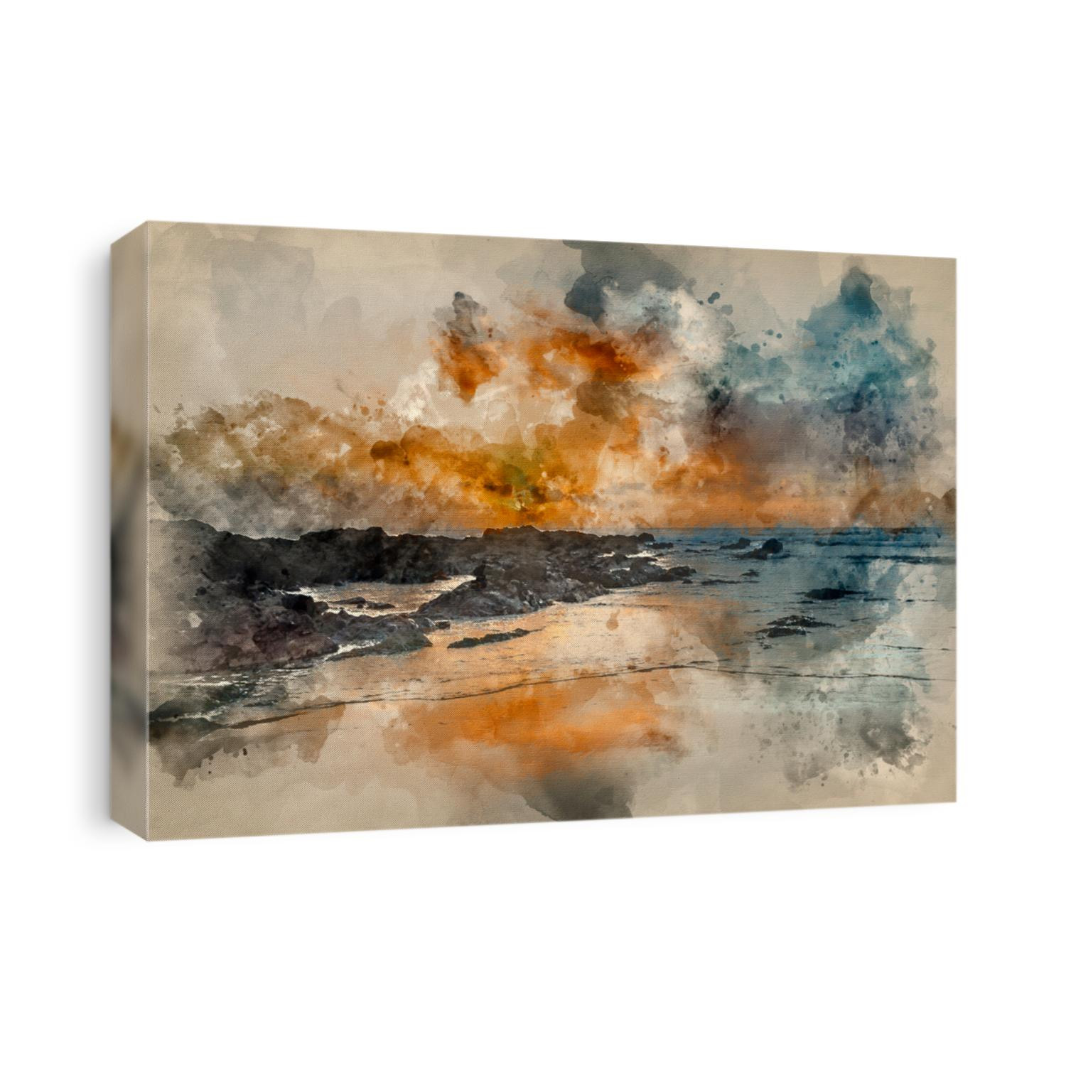 Digital watercolor painting of Beautiful sunset landscape image of Freshwater West beach on Pembrokeshire Coast in Wales