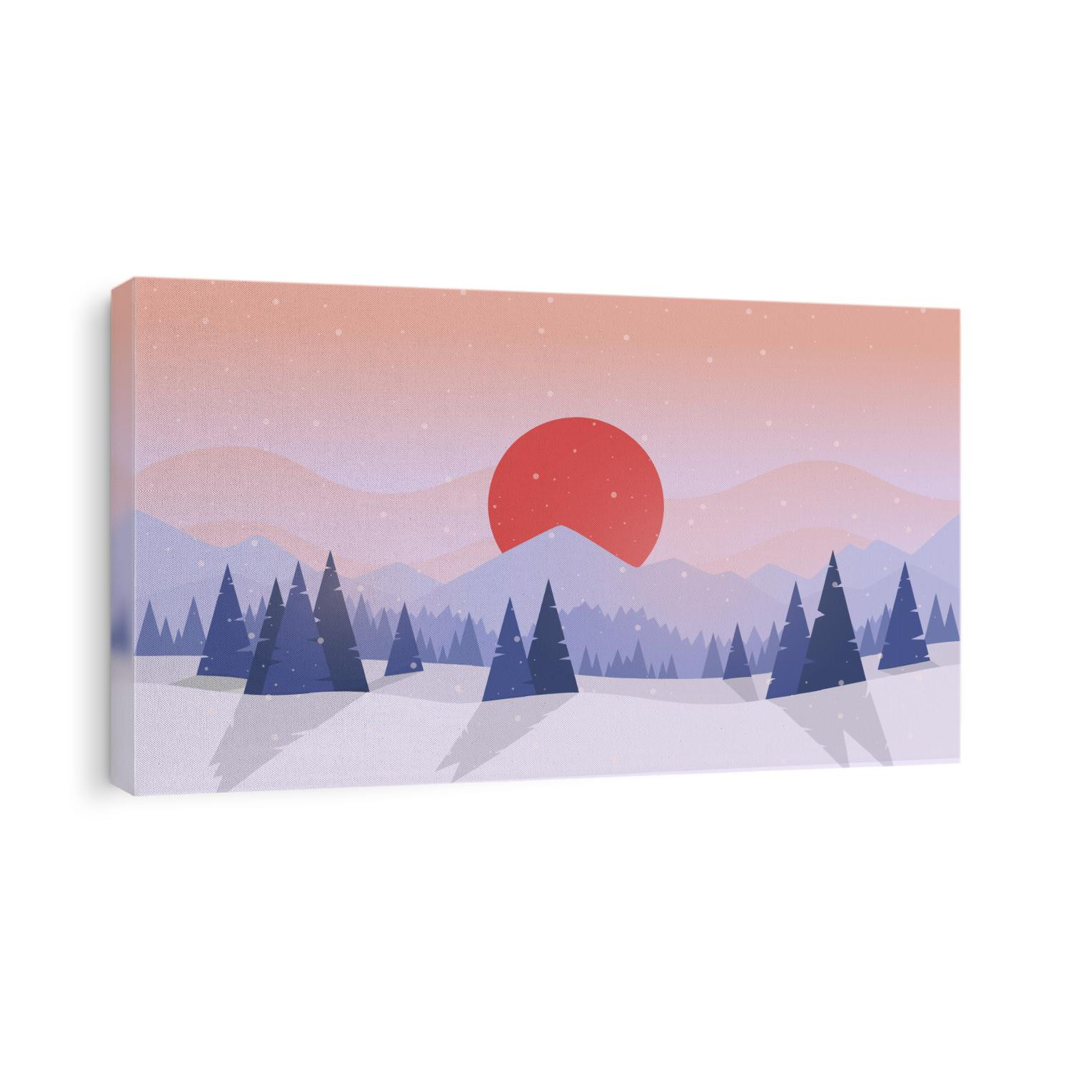 Winter forest. Sunset or sunrise. Forest with fir trees and pines. Big red sun. Japan. Simple modern design. Template for banner or poster. Place for text. Flat style vector illustration.
