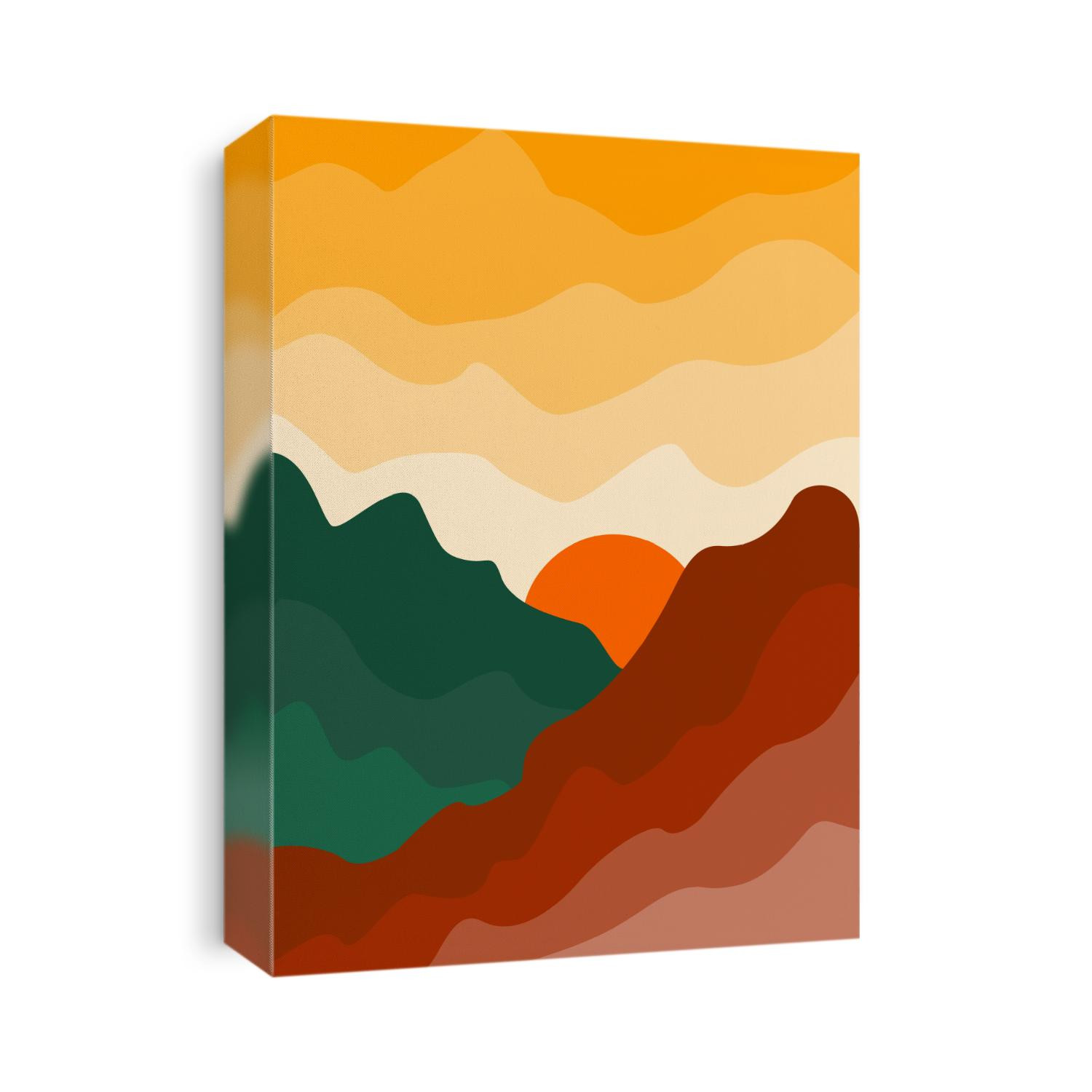 Abstract landscape modern background with mountains, sun, sunrise, forest. Mid century modern minimalist art print. Scandinavian poster design in earth colors. Vertical template boho illustration.