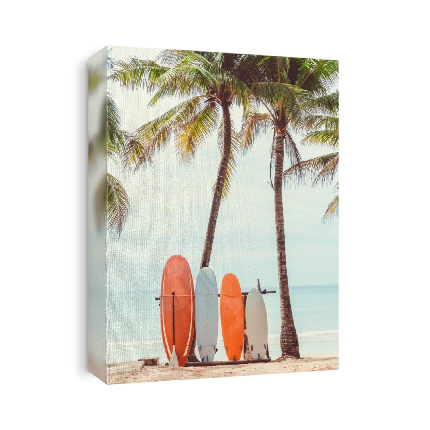 Surfboard and palm tree on beach background. Travel adventure sport and summer vacation concept. Vintage tone filter effect color style.