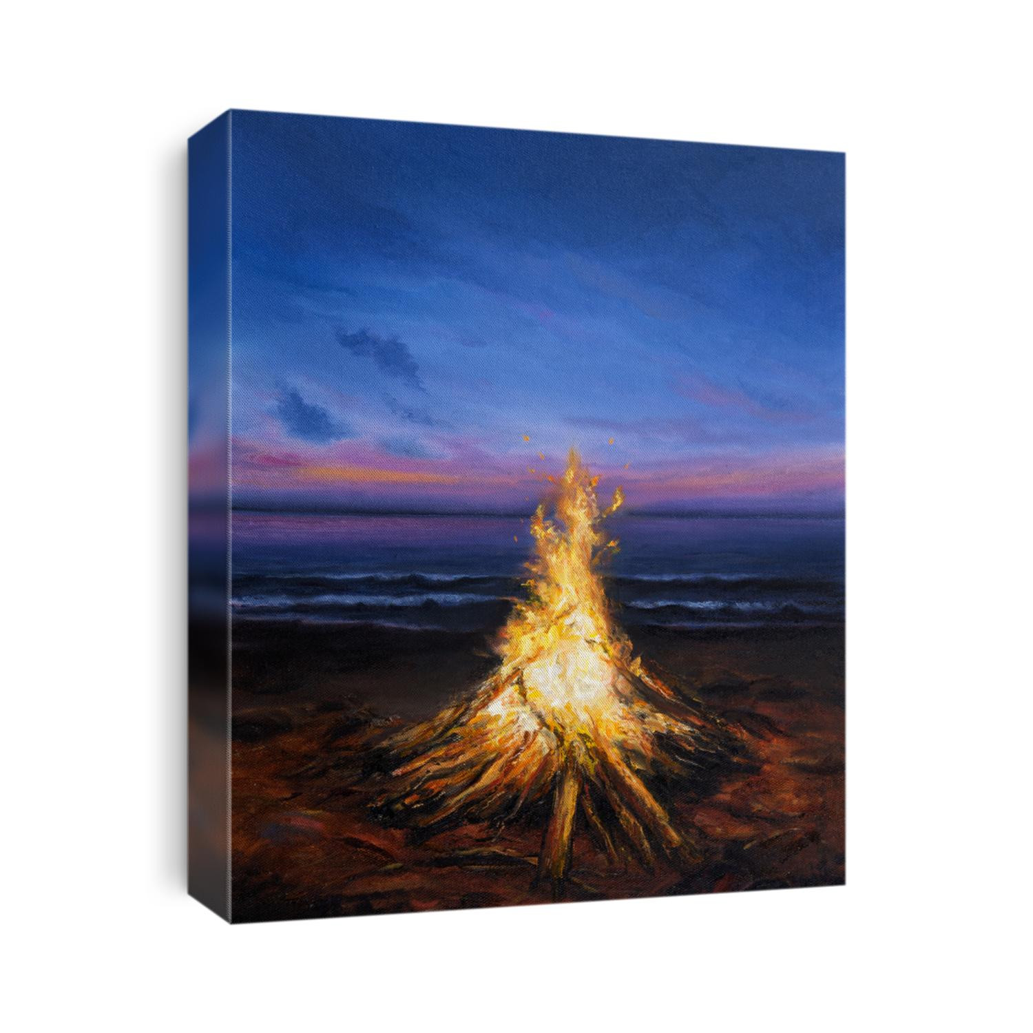 Original  oil painting of inviting campfire on the beach.Sunset over ocean  on canvas.Modern Impressionism, modernism,marinism
