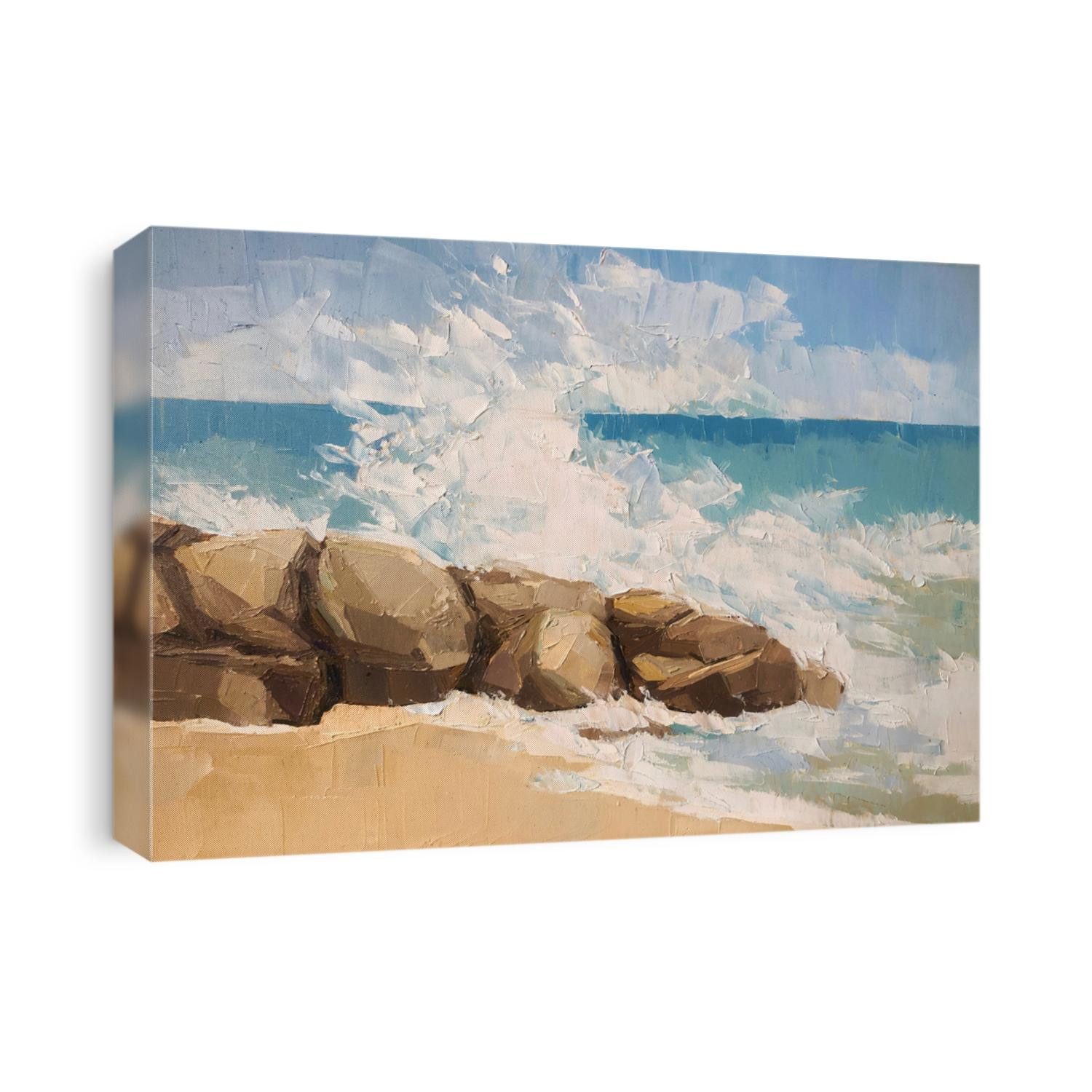 Painting rock-bound seascape, wave ocean, palette knife impressionism, oil acrylic colors.