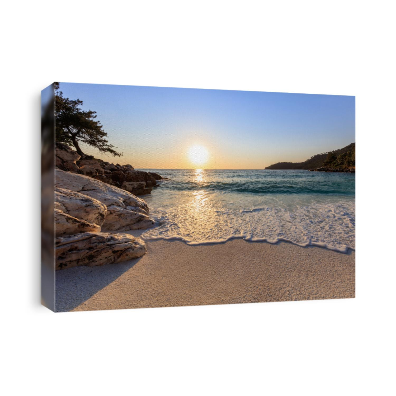 Sunrise in Marble beach (Saliara beach), Thassos Island, Greece. The most beautiful white beach in Greece