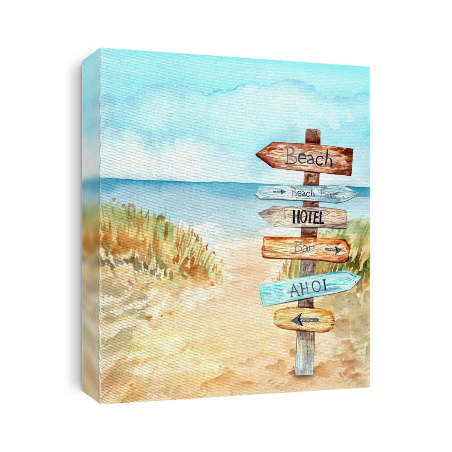 Information signpos on the beach. Blue sky, nice weather. Happy holiday. Stock illustration. Hand painted in watercolor.