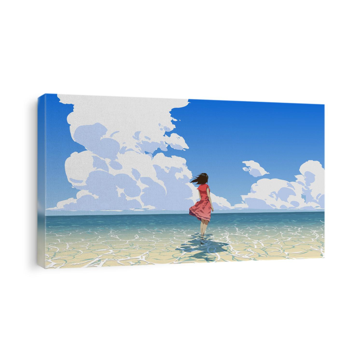 woman standing on the sea looking at the summer sky, vector illustration