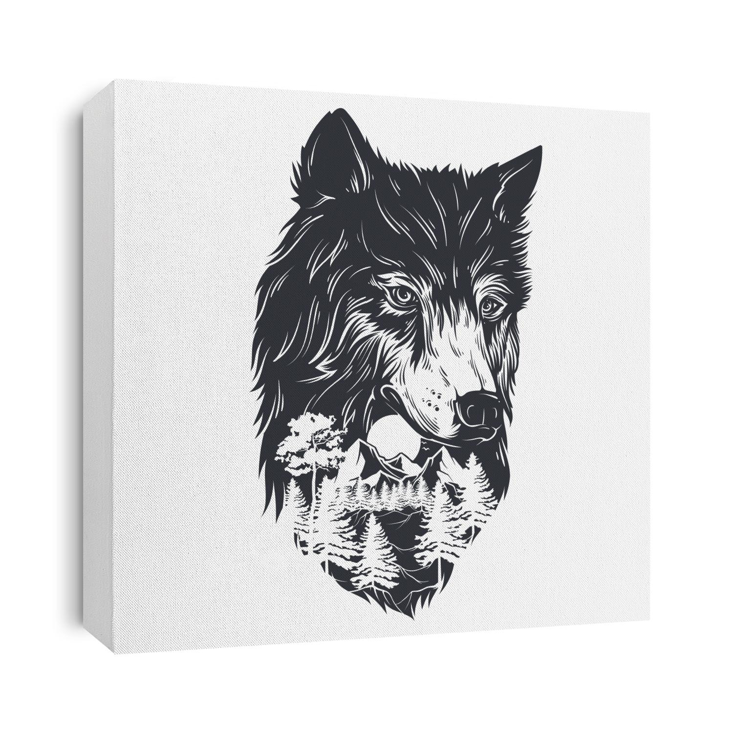Double exposure forest and wolf