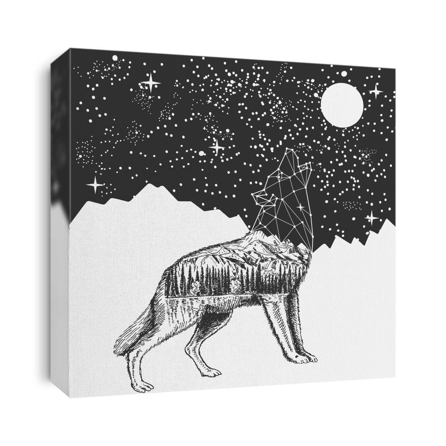 Vector animal tattoo or t-shirt print design. Howling wolf with polygonal head and nature combined with moonlit night sky.