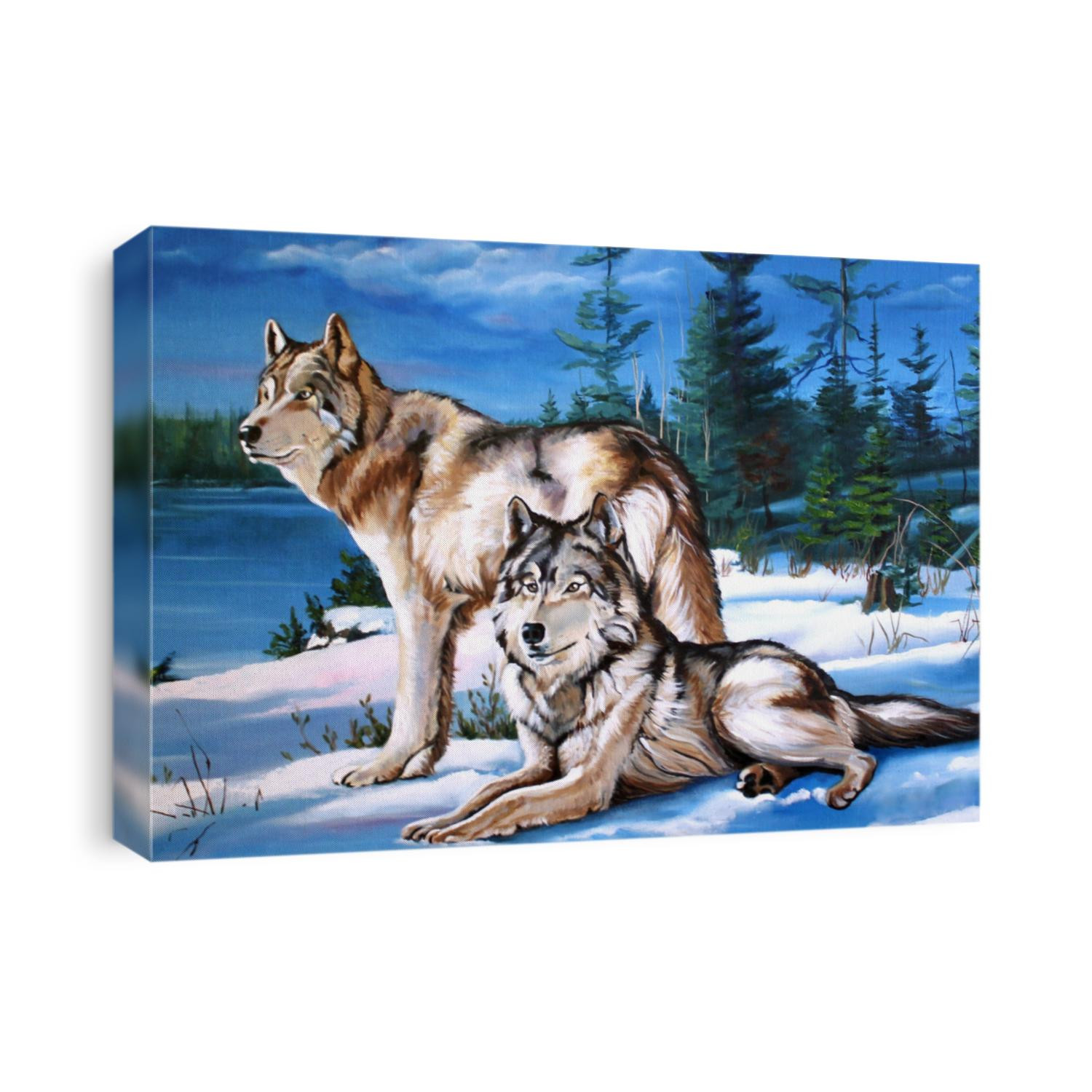 A pair of wolves oil painting