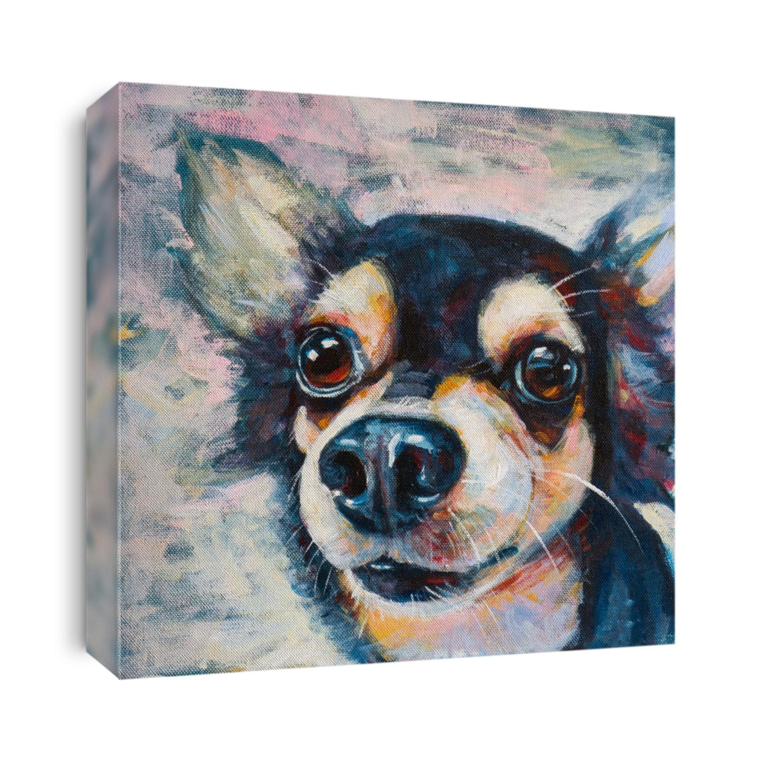Portriat of adorable chihuahua dog painting on canvas, acrylic color.