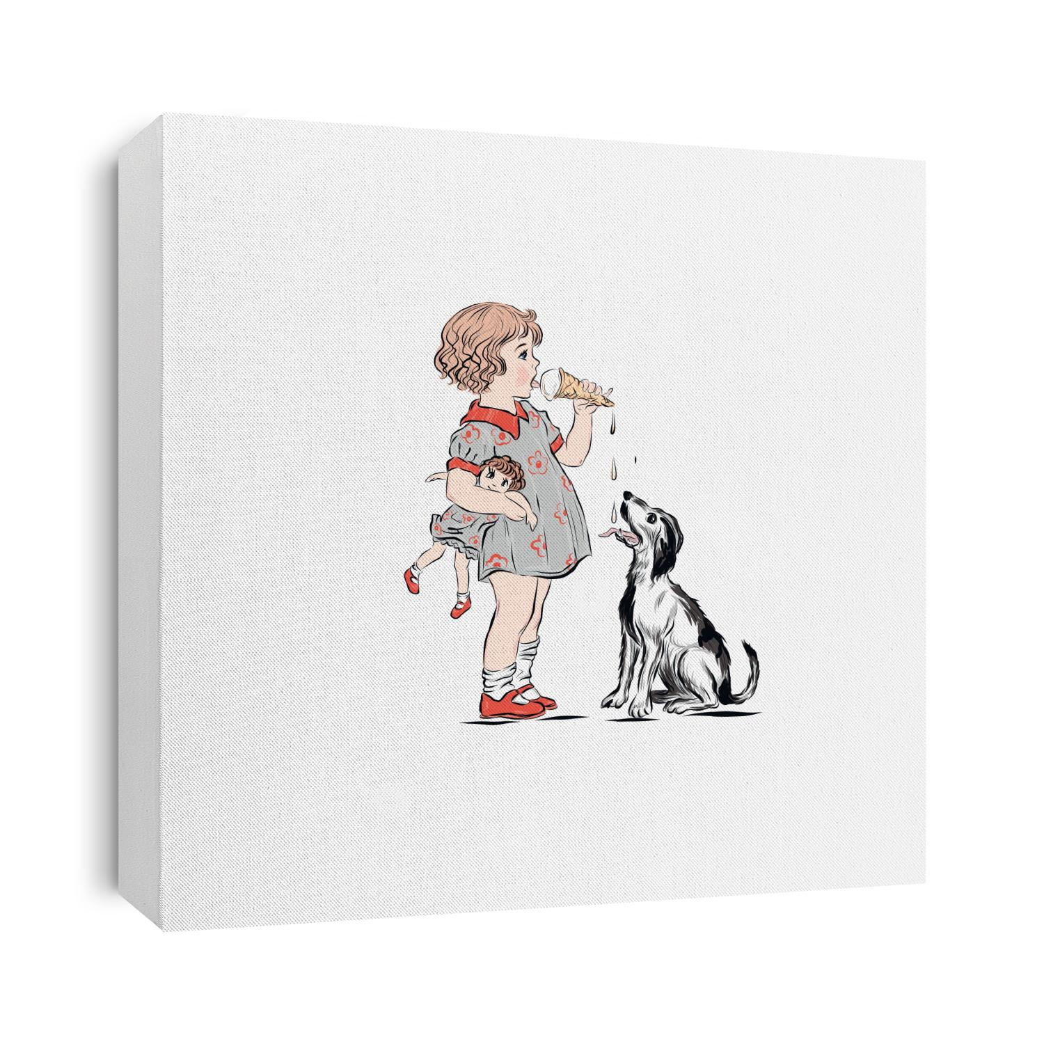 Girl eat ice cream and dog licks his lips. Happy childhood. Child in vintage style. Retro clip art. 