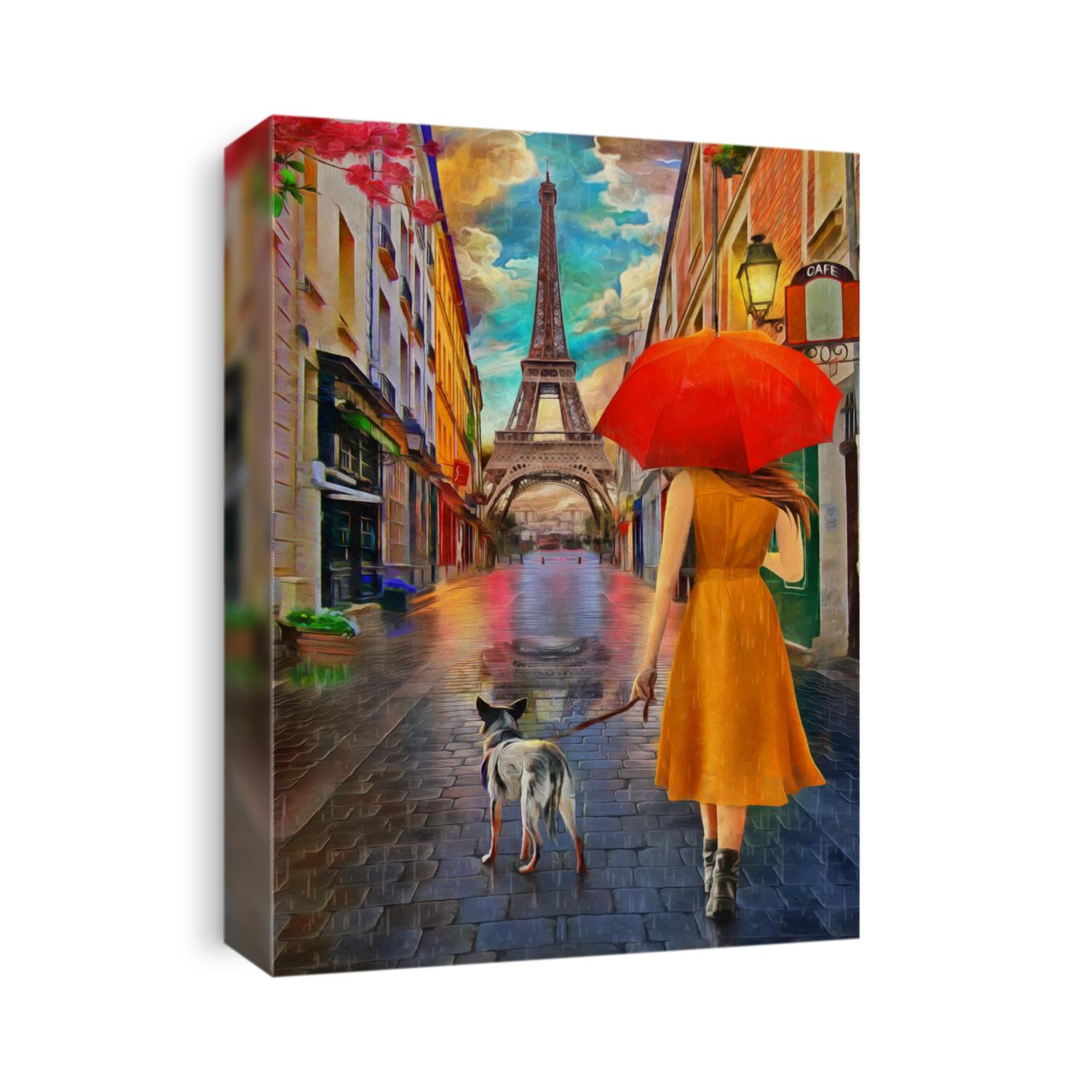 Oil Painting - Rainy Day Paris with Eiffel tower.Collection of designer oil paintings. Decoration for the interior. Modern abstract canvas art. Set of pictures. umbrella. vintage