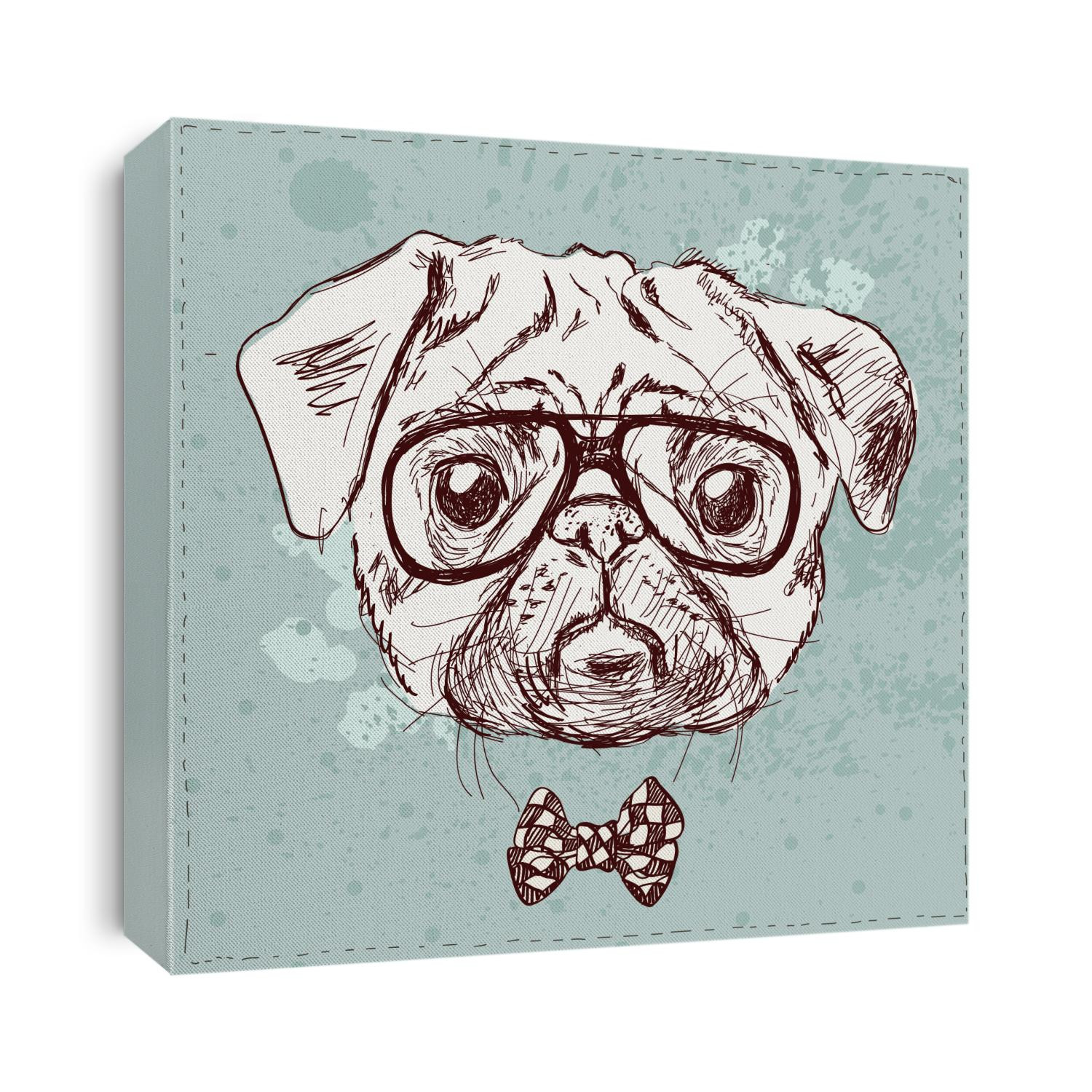 Vintage illustration of hipster pug dog with glasses and bow in vector on vintage background