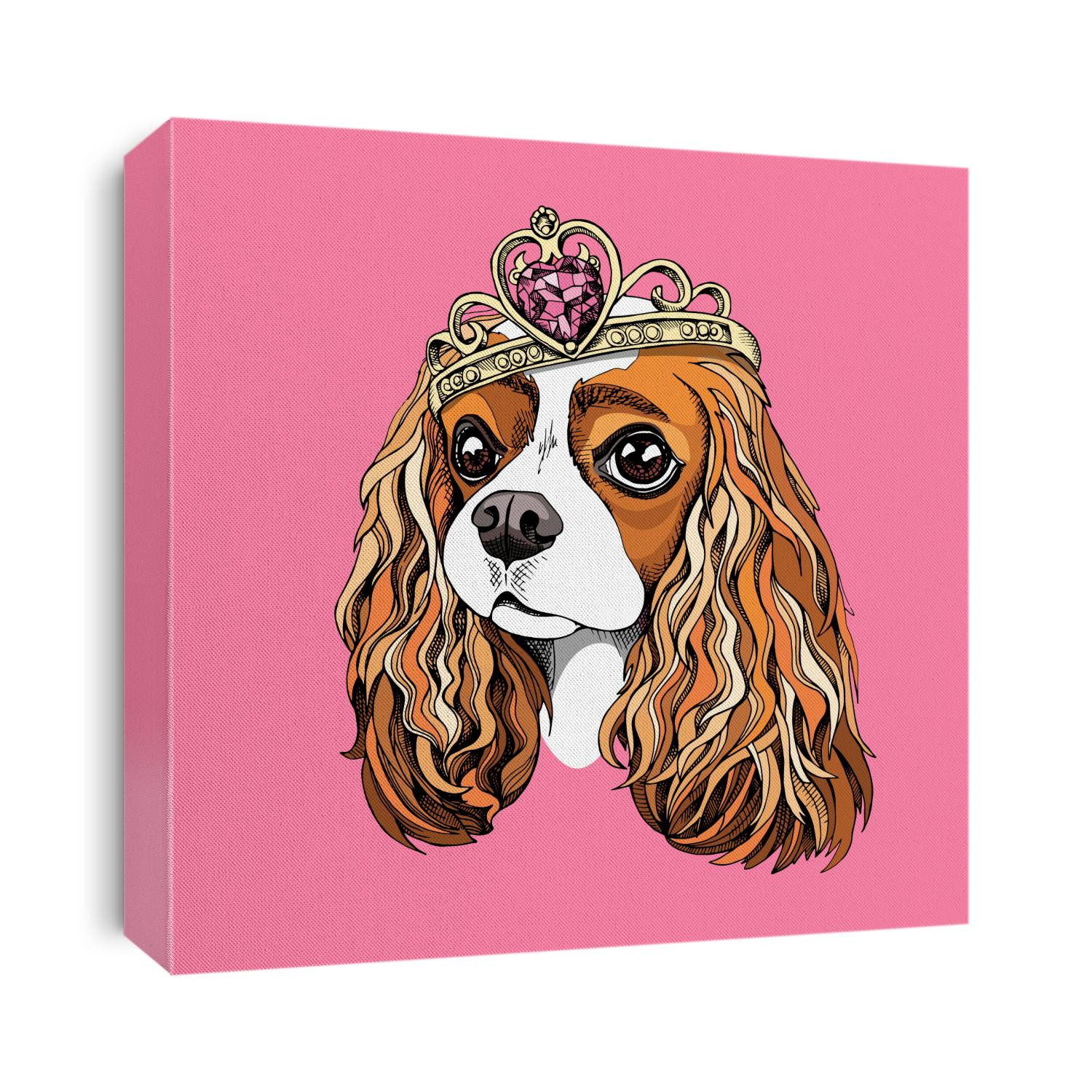 Portrait of the Cavalier King Charles Spaniel in a Princess crown on a pink background. Vector illustration.