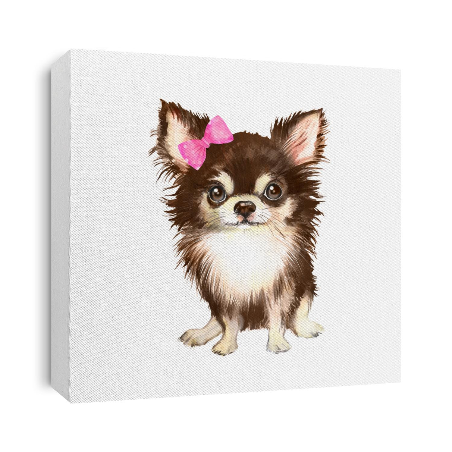 Watercolor illustration with dog chihuahua breed, puppy, girl, pink bow, pet