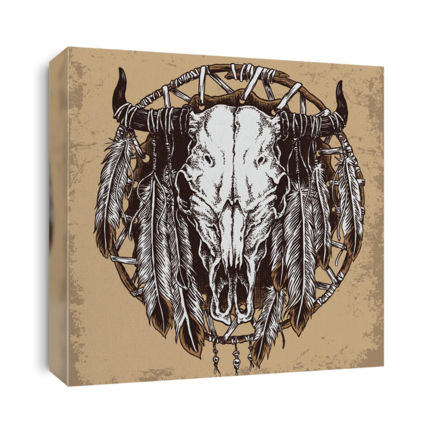 Hand drawn cow skull and feathers illustration.