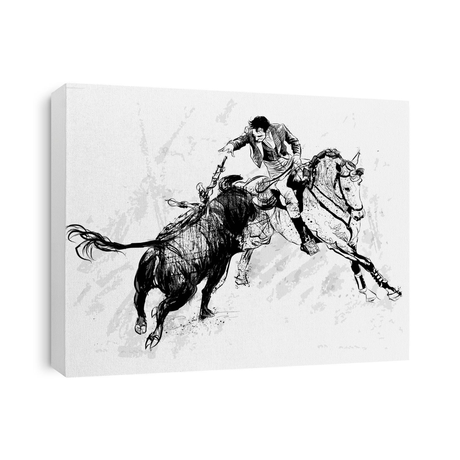 Bullfighter on horse with bull during corrida in Portugal - vector illustration (Ideal for printing on fabric or paper, poster or wallpaper, house decoration)