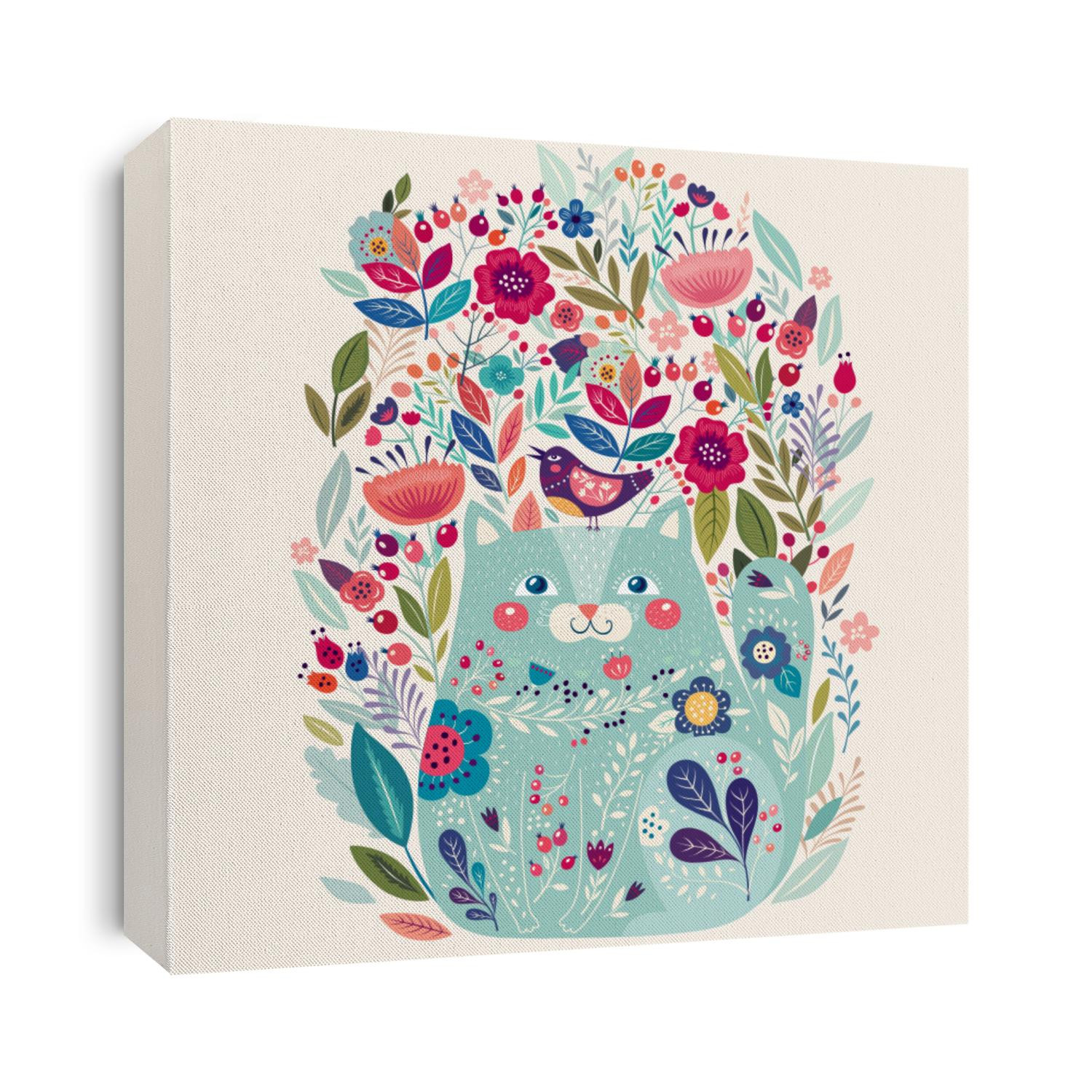 Art vector colorful illustration with beautiful cat, bird and flowers. Artwork for decoration your interior and for use in your unique design
