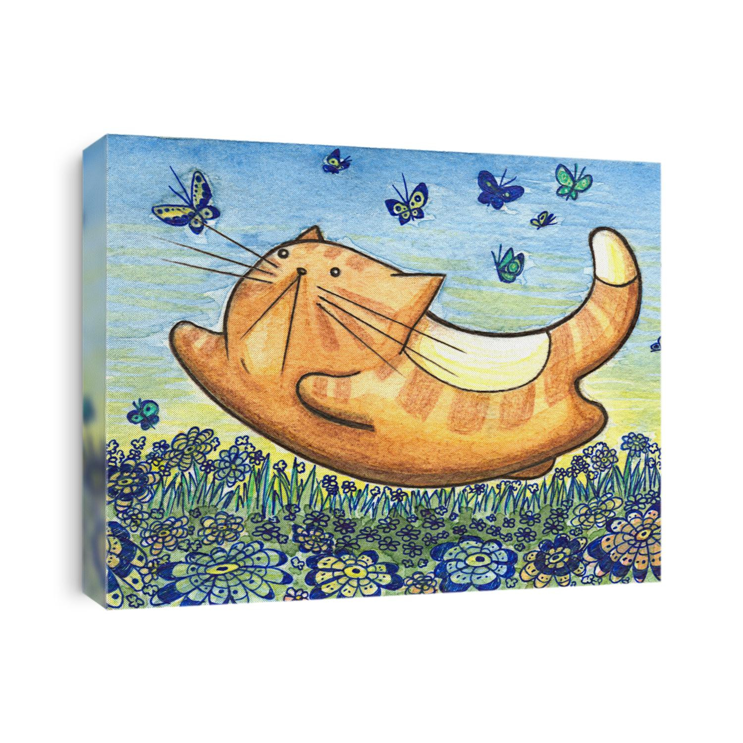 Happy cat and butterfly, watercolor original art