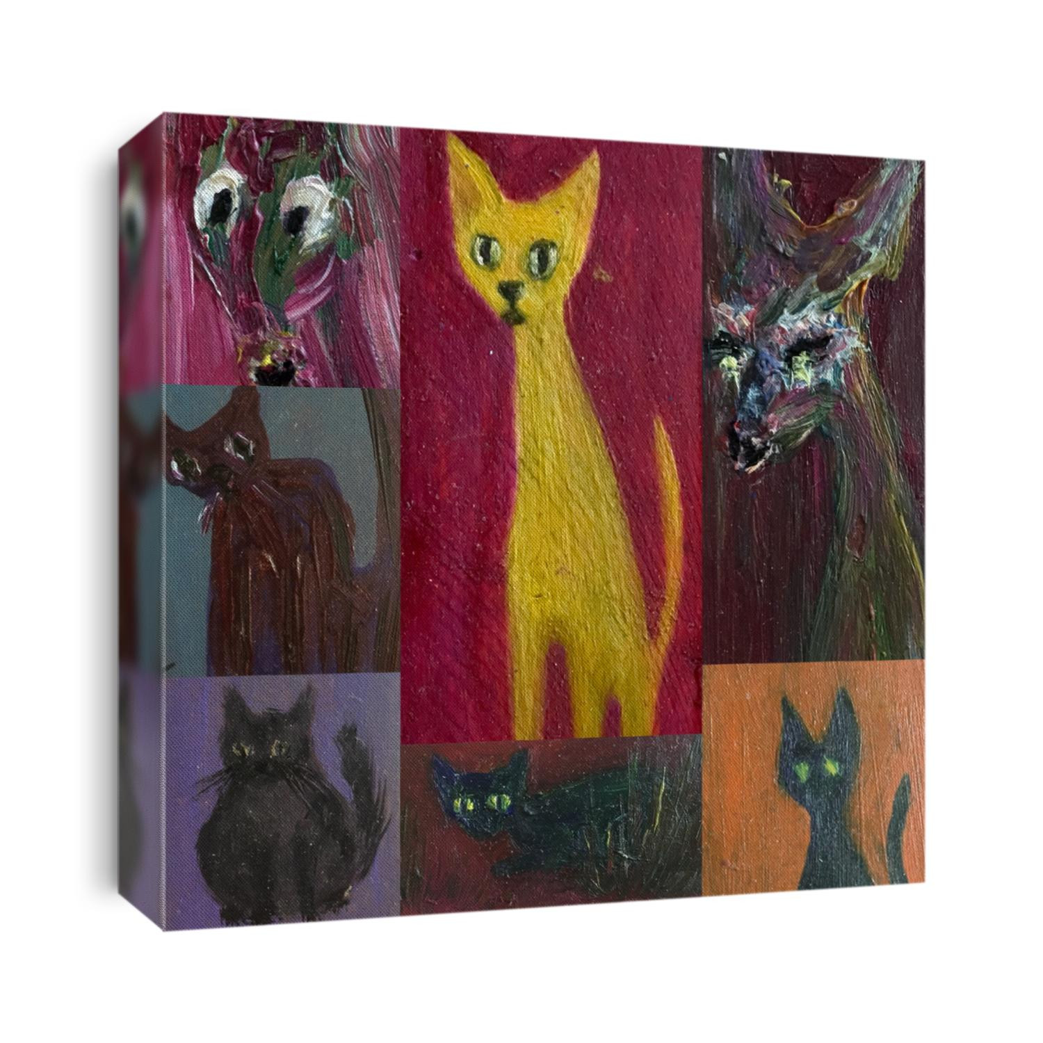 abstract oil animals collage (yellow cat on red, green cat on orange, black cat on violet)