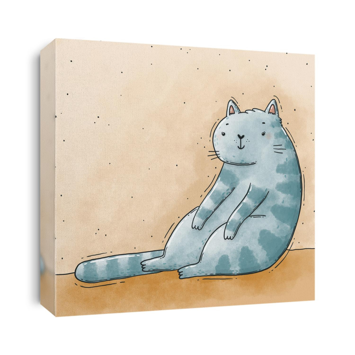 Lazy Days cat - Digital hand drawn illustration of a cute blue cat with stripes that sits on the floor.
