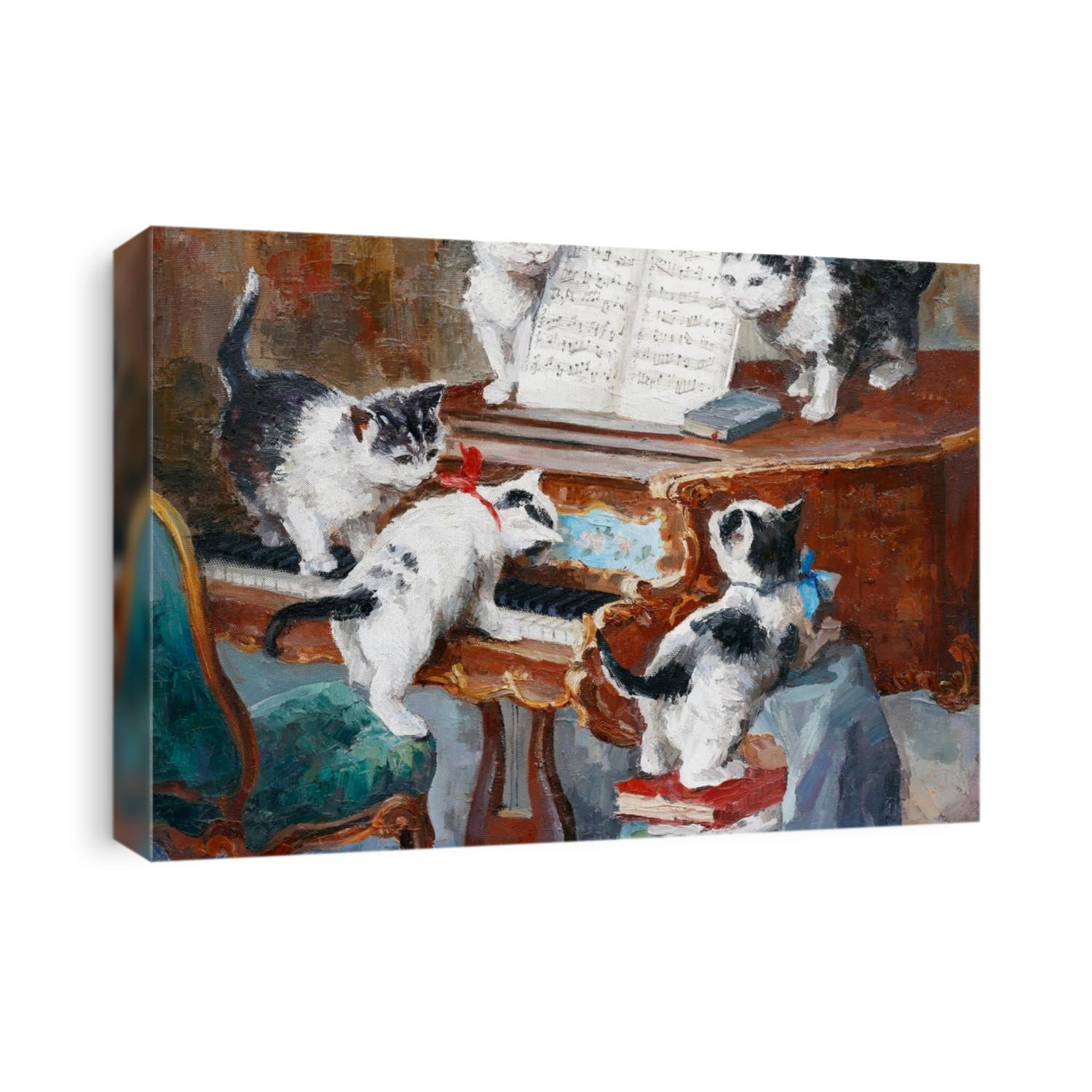 Cute little kittens are playing on the piano. Oil painting on canvas.