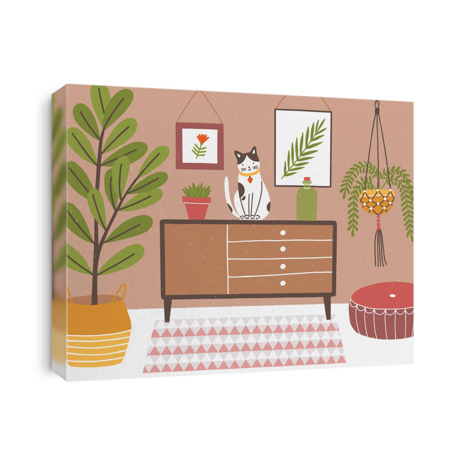 Interior of comfy room with table and cat sitting on it, potted plants, wall pictures, home decorations. Cozy house decorated in modern Scandinavian hygge style. Flat colorful vector illustration