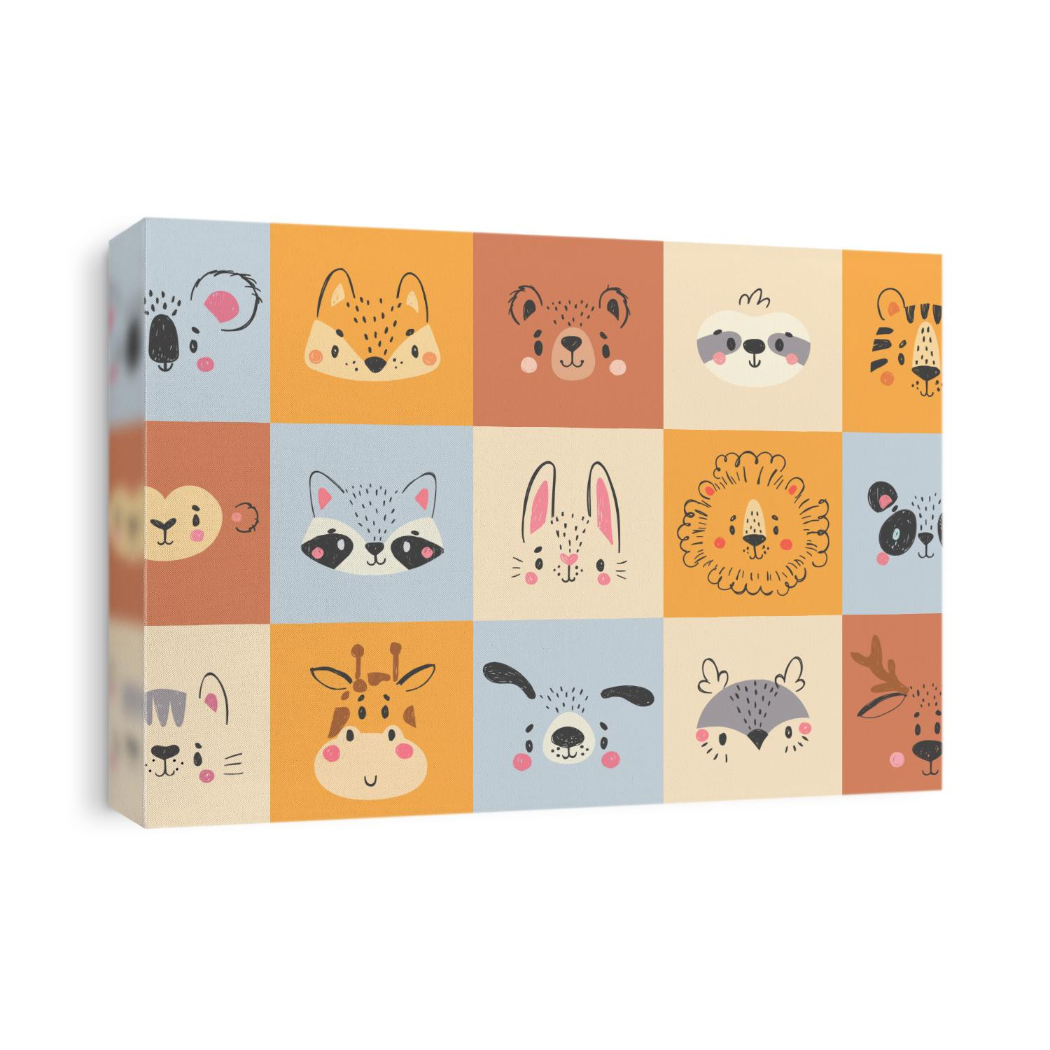 Cute animal portraits. Hand drawn happy animals faces, smiling bear, funny fox and koala cartoon vector illustration set. Face deer and lion drawing, rabbit and tiger wildlife