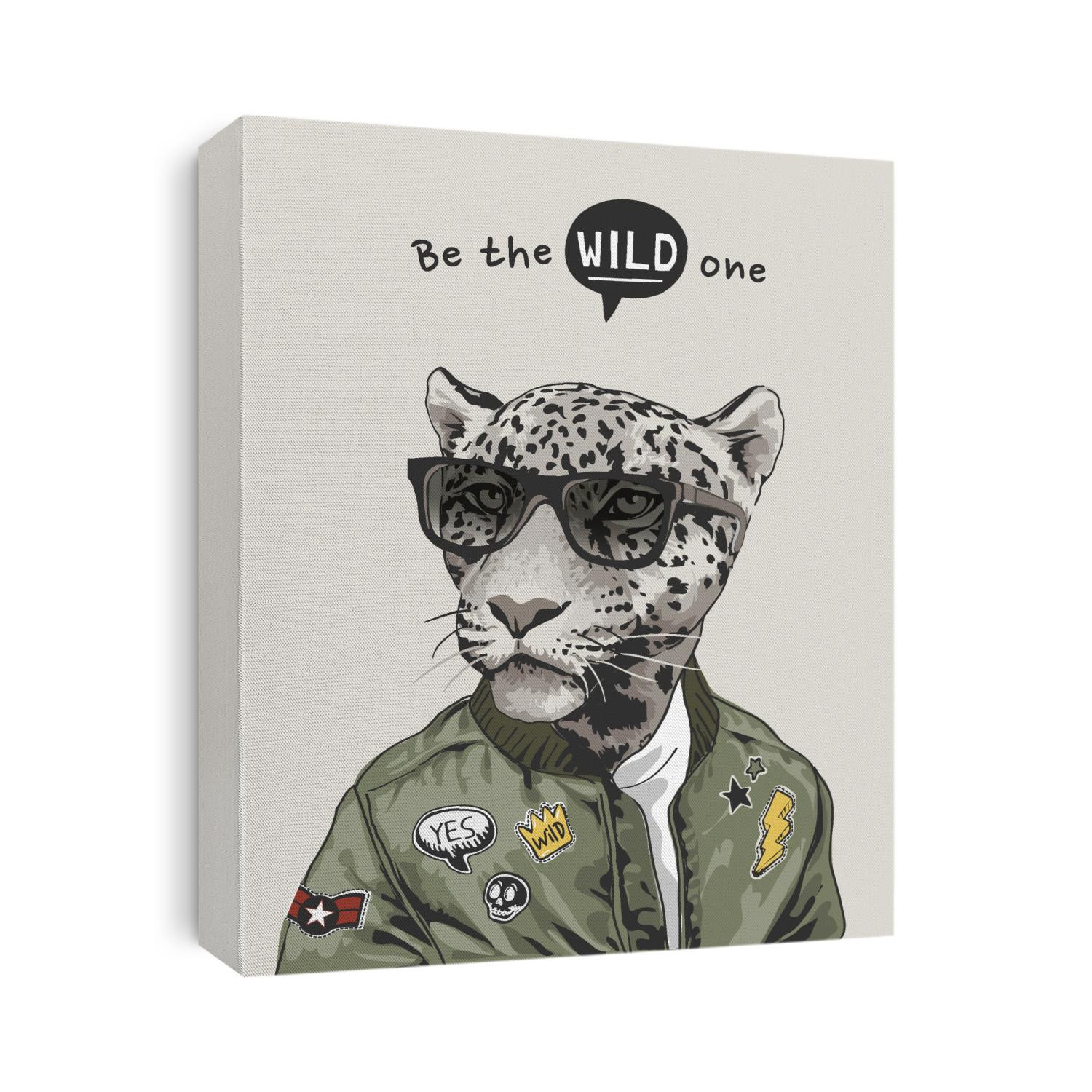 the wild one slogan with leopard in sunglasses and jacket illustration