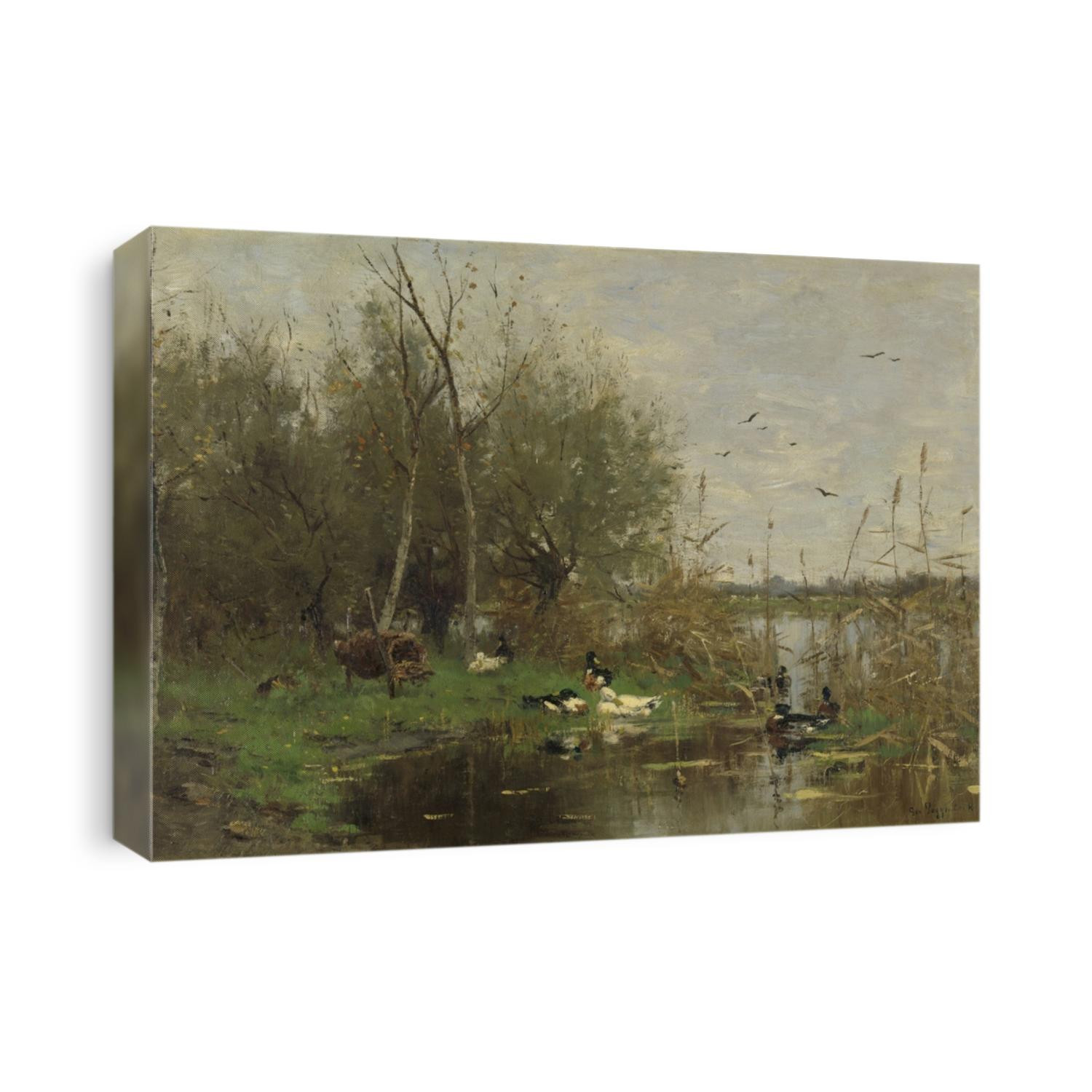 Ducks Beside a Duck Shelter on a Ditch, by Geo Poggenbeek, 1884, Dutch painting, oil on canvas. Eggs laid in the man-made basket would be gathered for eating by local farmers.