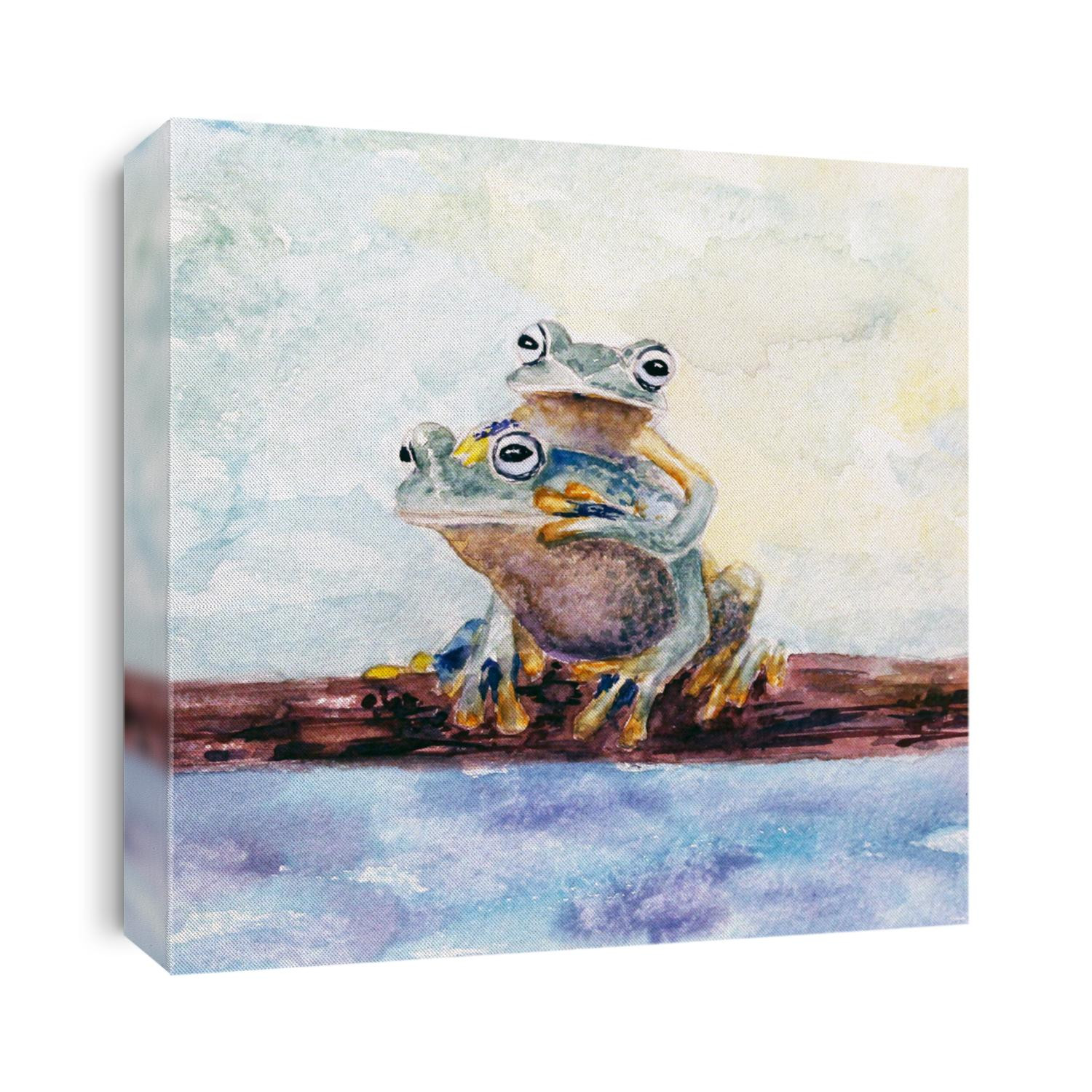 Two watercolor frogs on the branch