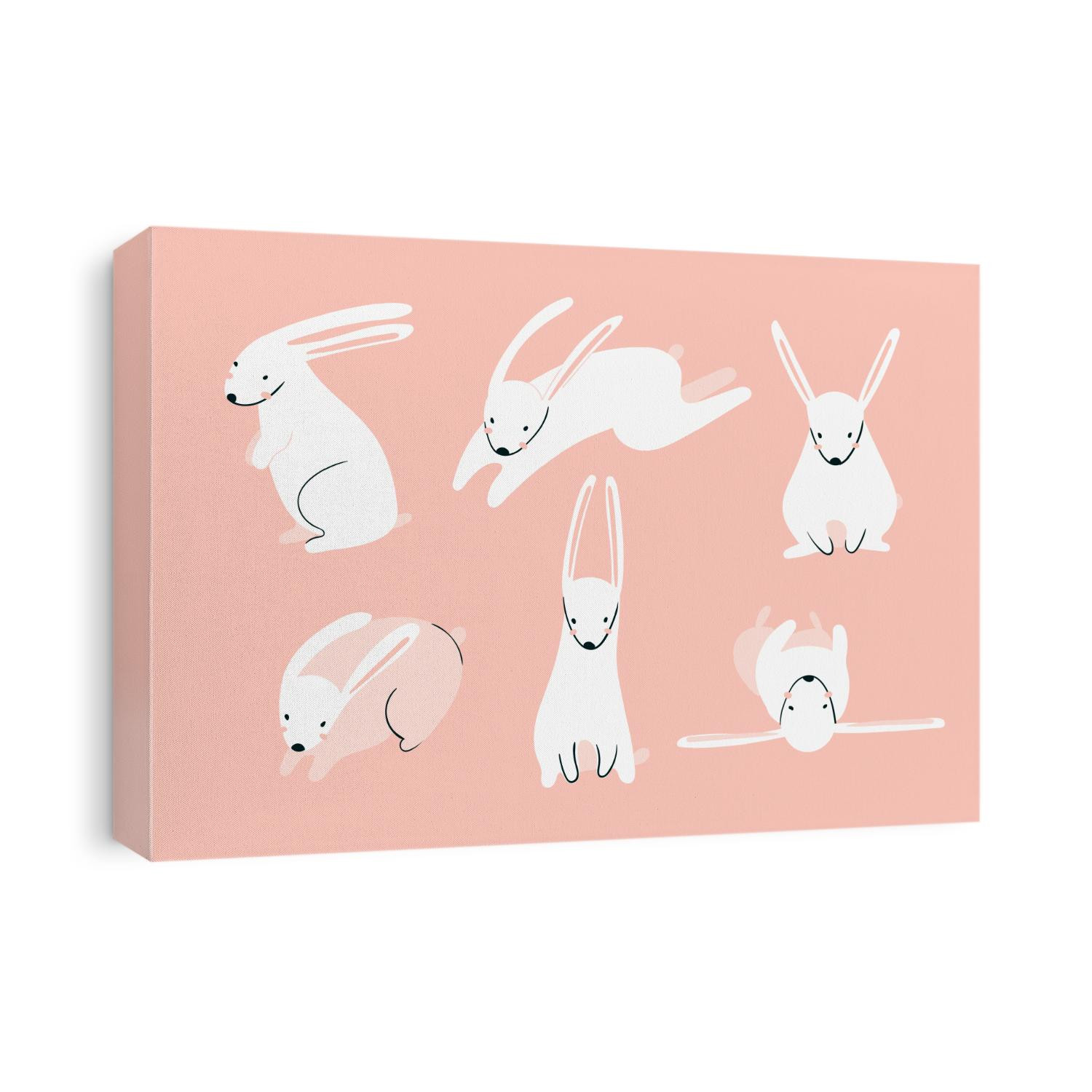 Cute rabbits in various poses. Hand drawn vector set. Colored version. Pink background. All elements are isolated
