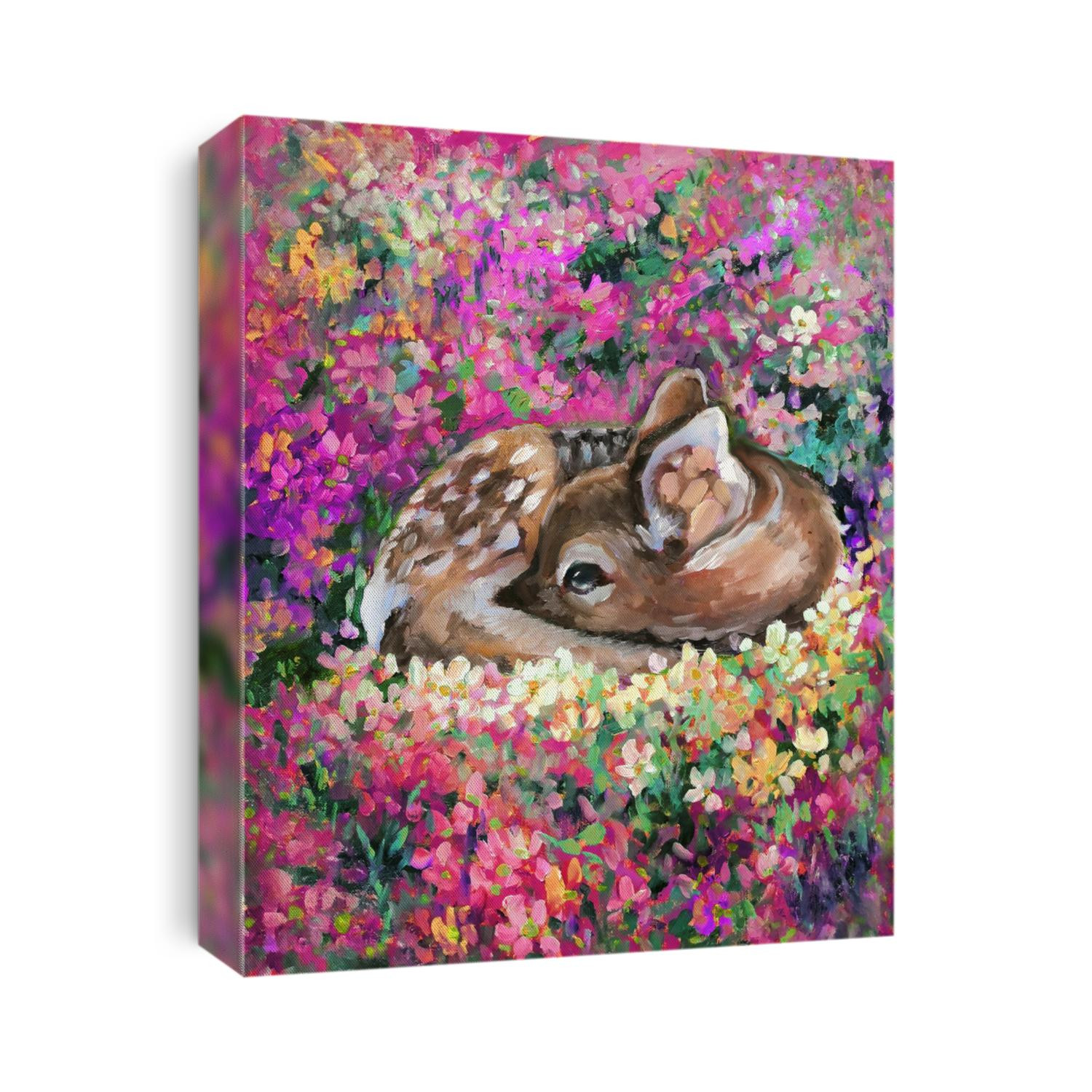 Oil painting of young deer in wild landscape with spring or summer colorful flowers. Baby fawn Fawn lies on a blossoming sunny lawn. Hand drawn picture in impressiomism style