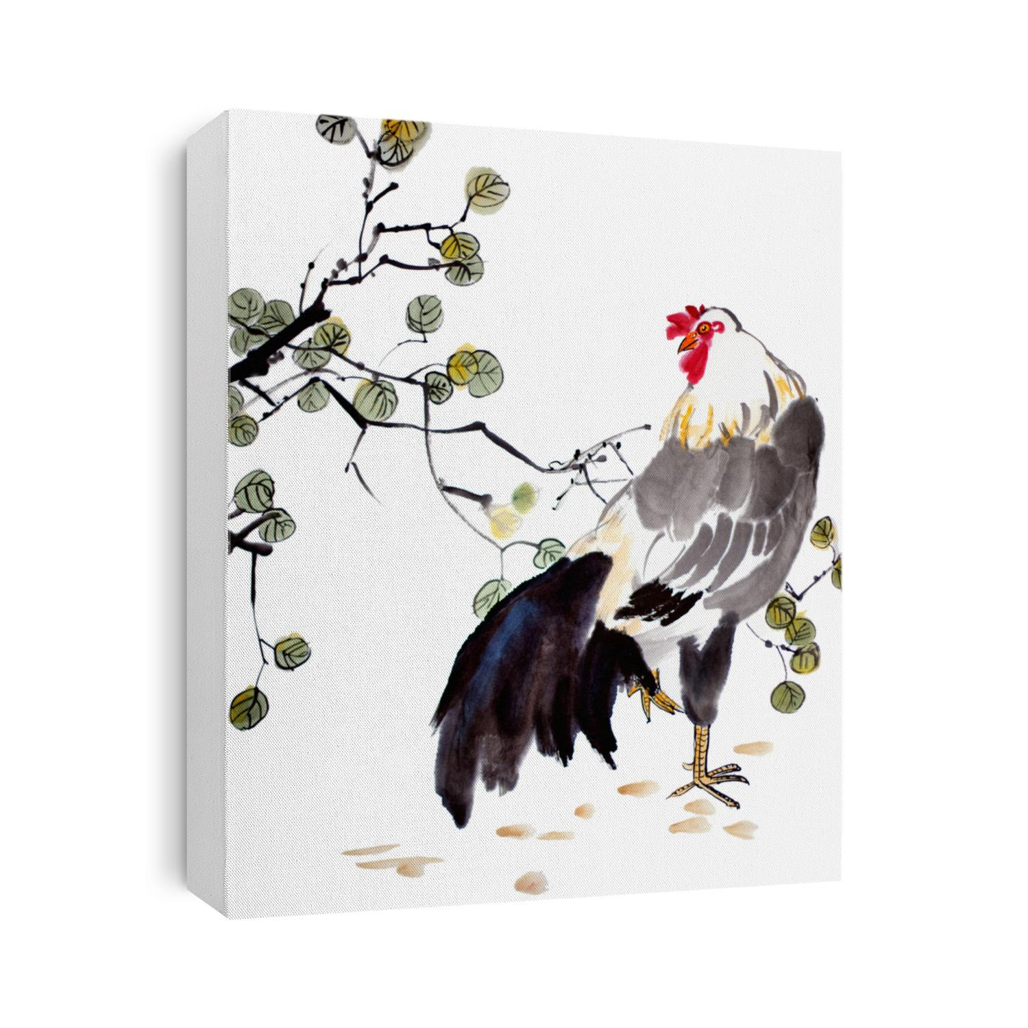original art watercolor painting of oriental style rooster in garden