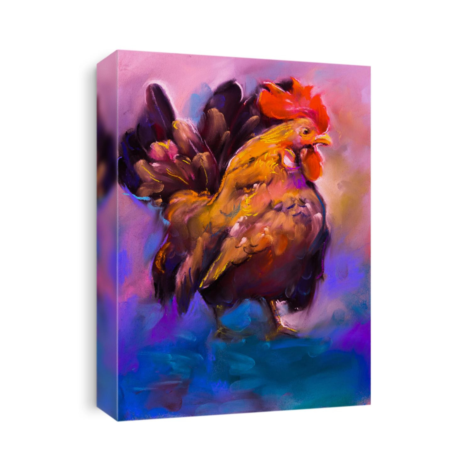 Original pastel painting of a beautiful rooster on a cardboard.