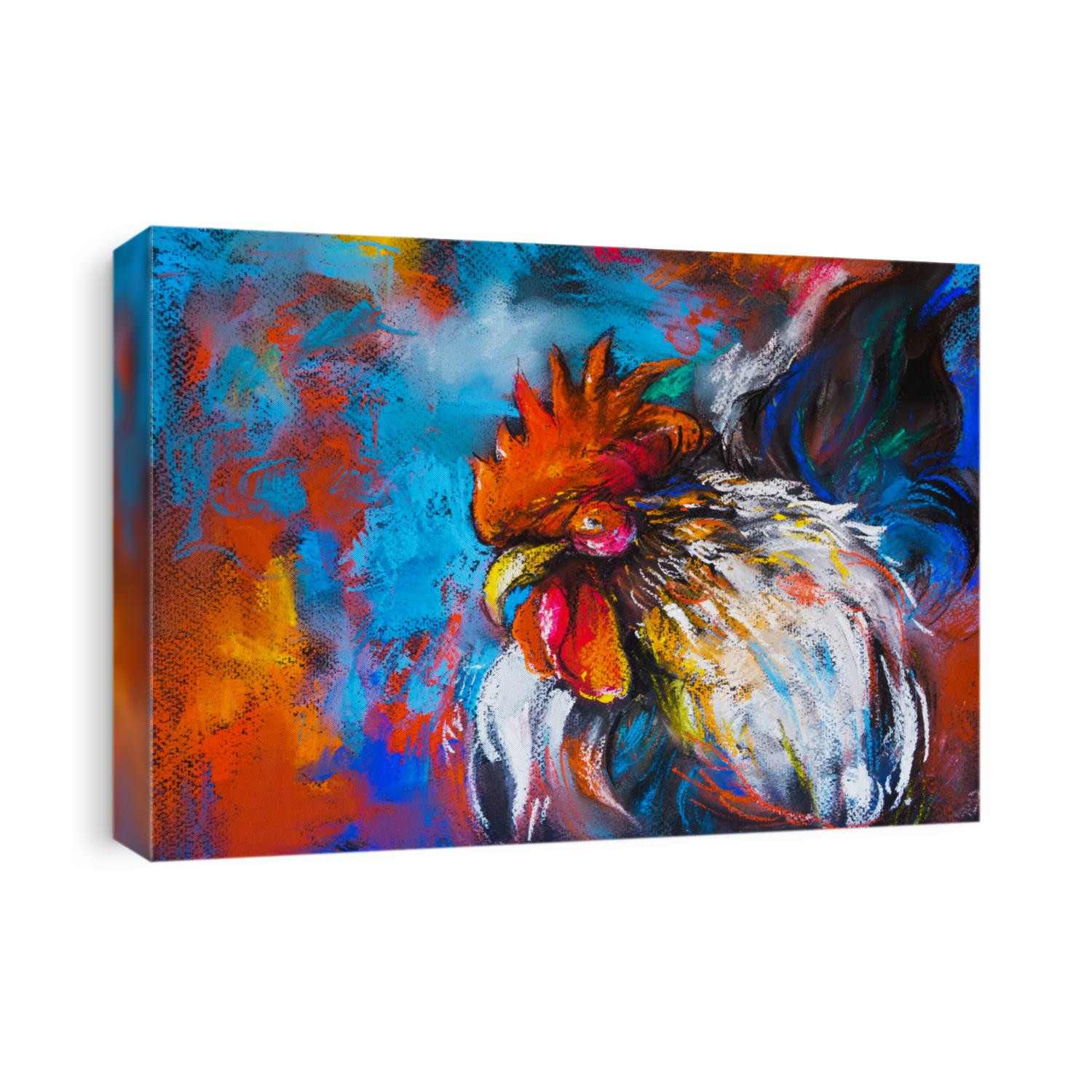 Original pastel painting of a colorful rooster on a cardboard.

