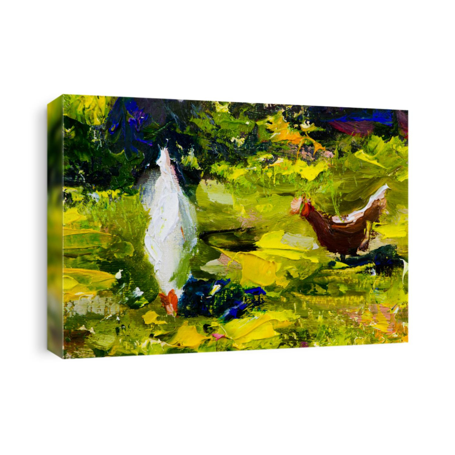 two chicken on green grass painting background illustration abstract. wallpaper with palette knife texture fragment Oil on canvas large macro sketch, watercolor