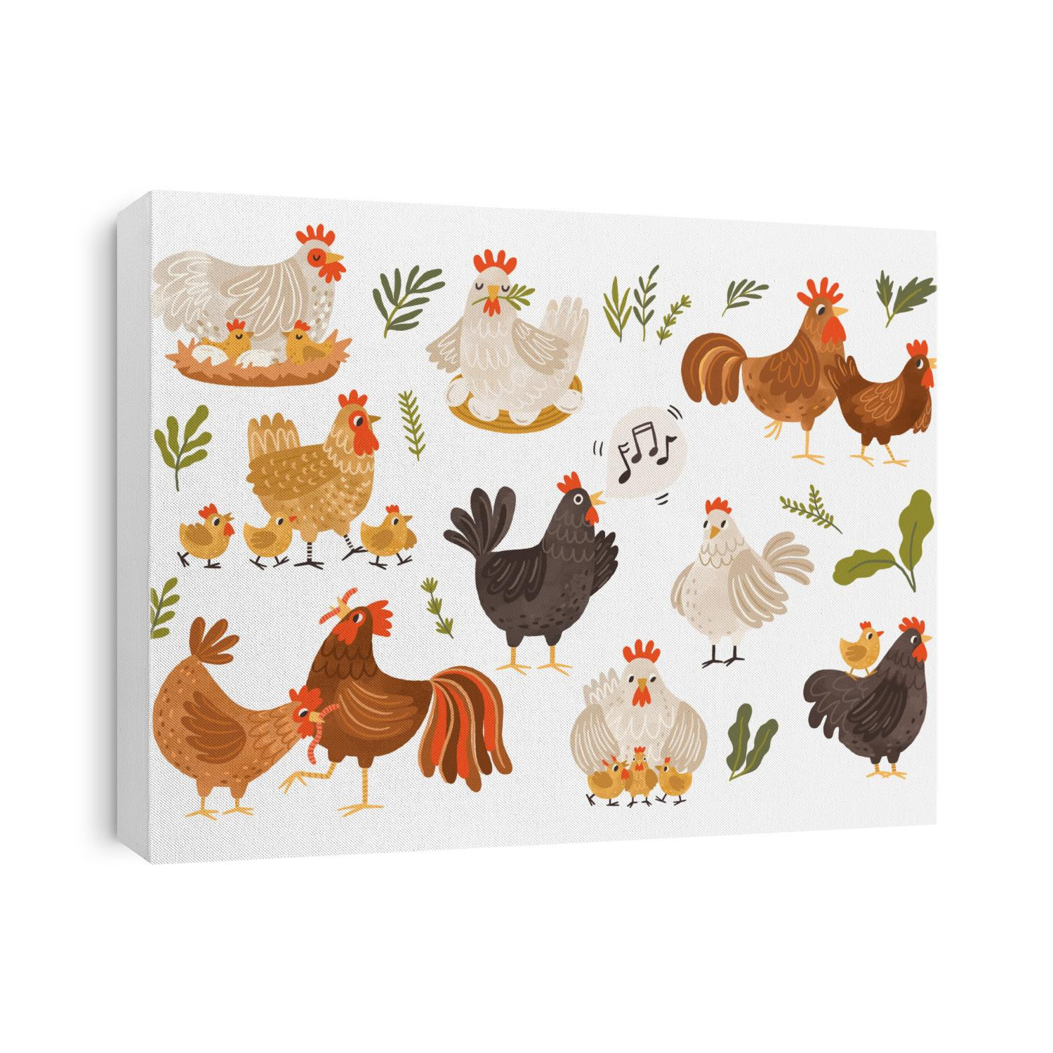 Collection of rooster, hen and chicks isolated on white background. Bundle of chicken with brood. Cute lovely family of domestic fowl or poultry birds. Childish flat cartoon vector illustration.