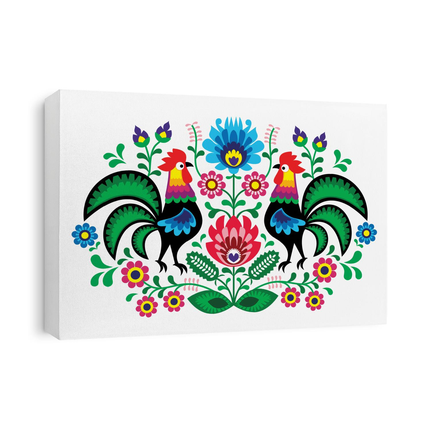 Polish floral embroidery with cocks - traditional folk pattern