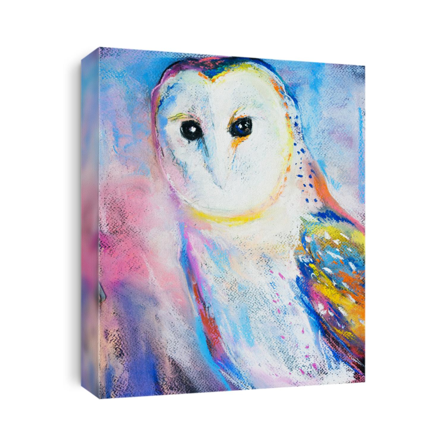 Original pastel painting of a white owl. Modern art.