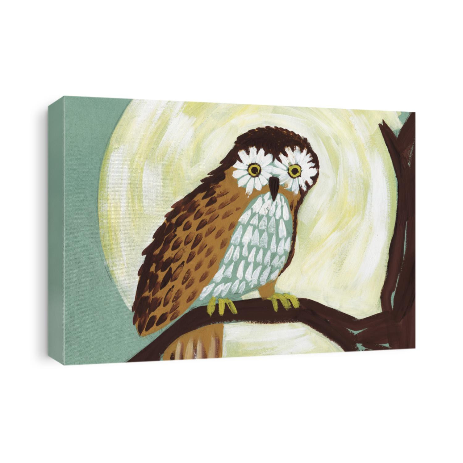 Owl on a branch on the background of the moon. Hand-drawn art illustration of gouache.