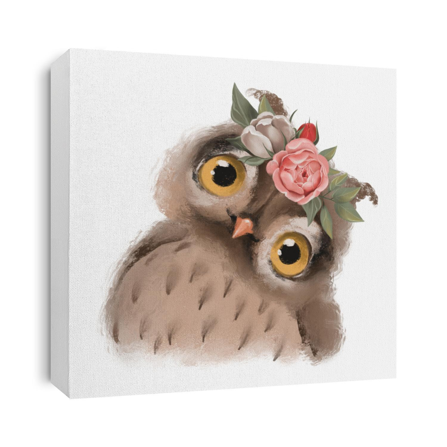 Cute hand drawn owl in floral wreath, flowers bouquet, woodland watercolor animal portrait