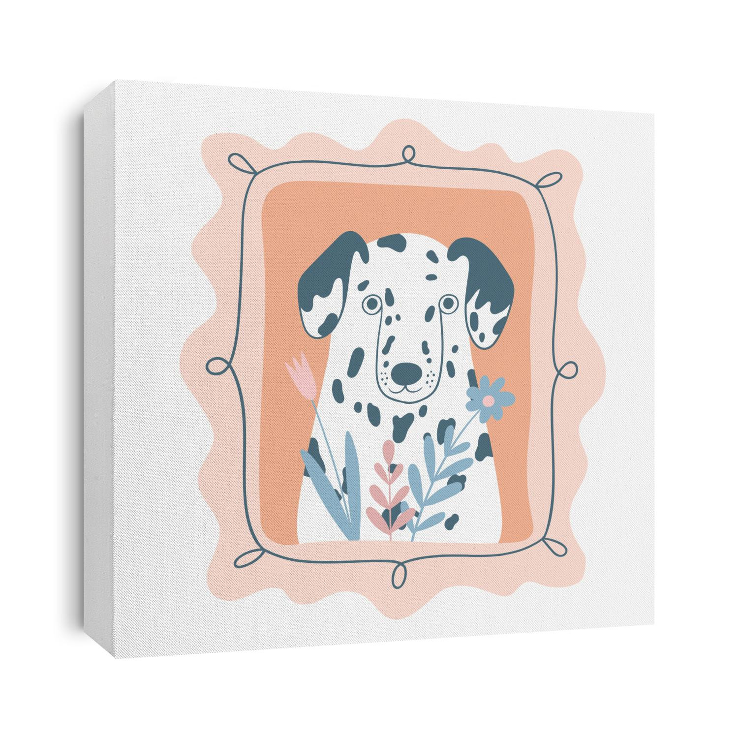 Vector illustration of Dalmatian. Poster with portrait of a cute dog with flowers. Perfect for kids apparel, textile, nursery, wrapping paper. Design elements for cards, posters, t-shirt.