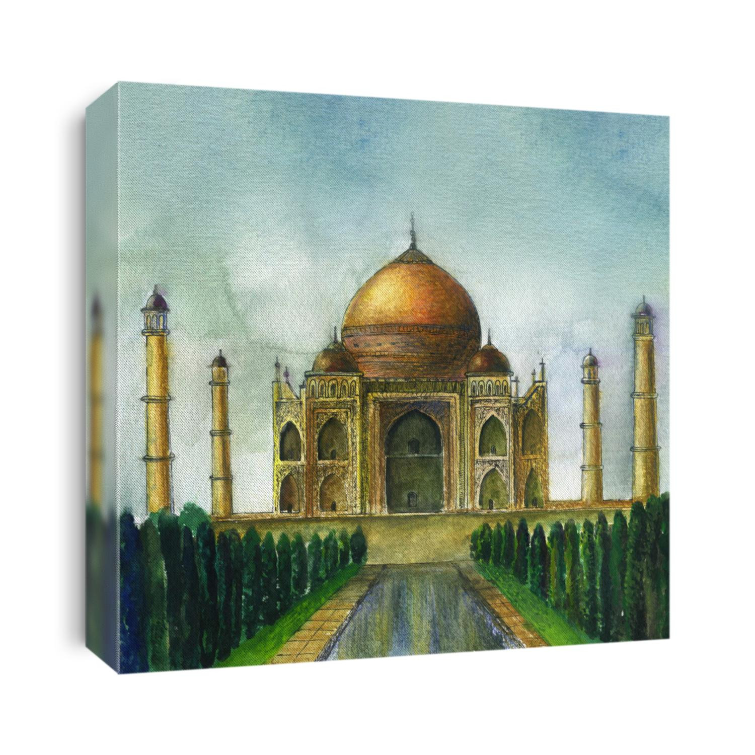 Taj Mahal panorama. Original watercolor painting on paper. Hand drawing illustration.