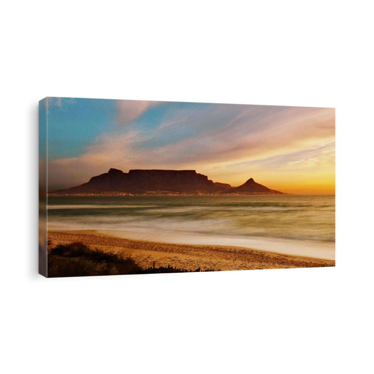 Table Mountain Panoramic Landscape with Beautiful Colorful Sunset and Streaking Clouds Landscape, Cape Town, South Africa