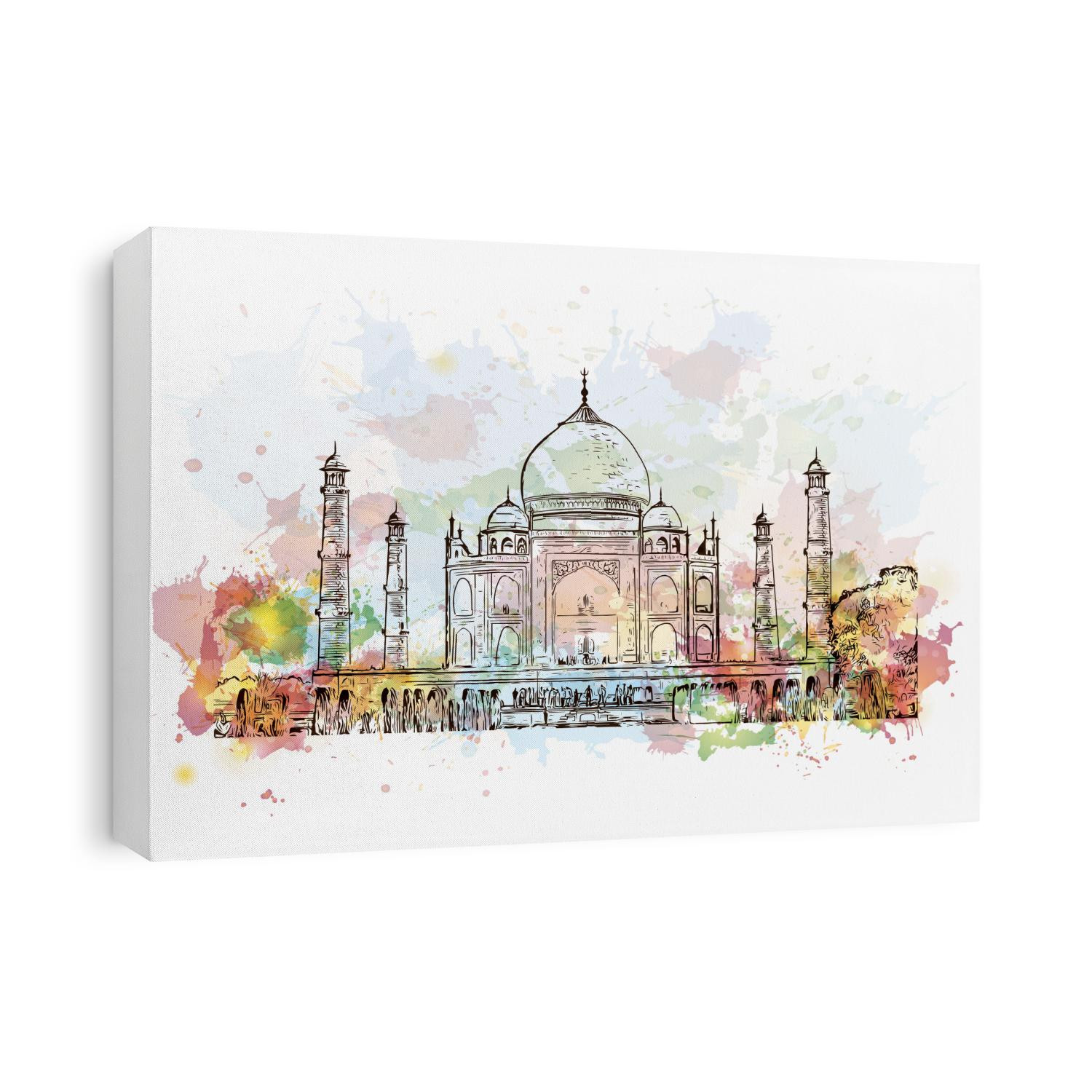 The Taj Mahal is an ivory-white marble mausoleum on the south bank of the Yamuna river in the Indian city of Agra. Watercolor splash with Hand drawn sketch illustration in vector.