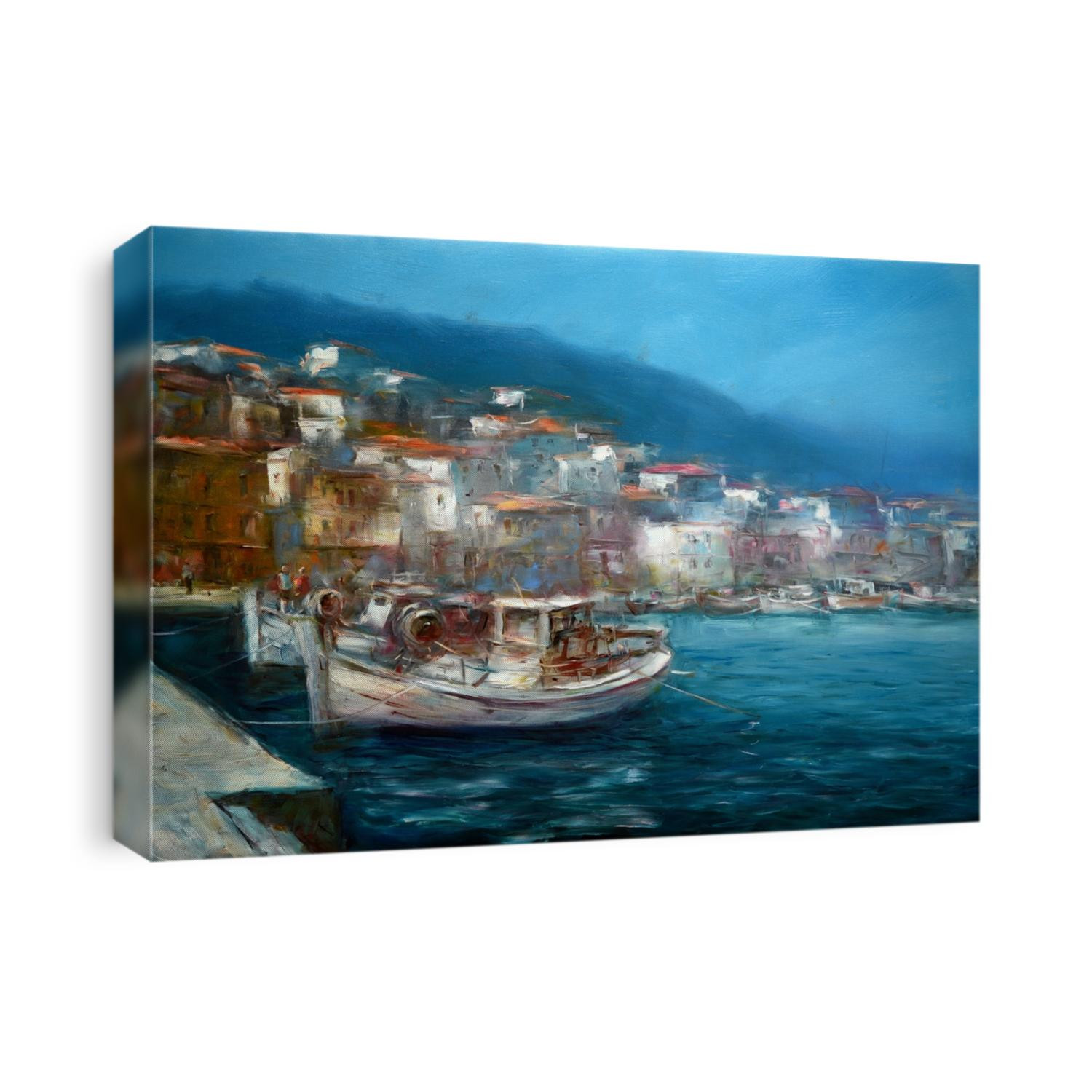 Boats on the island harbor,handmade oil painting on canvas