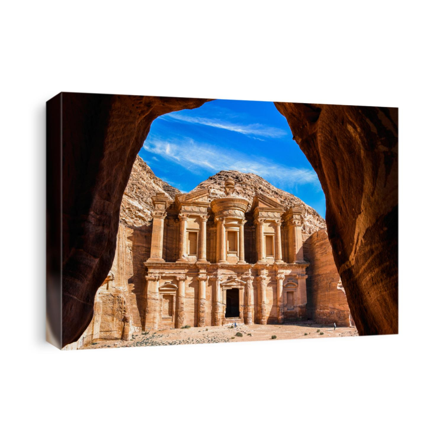 Stunning view from a cave of the Ad Deir - Monastery in the ancient city of Petra, Jordan: Incredible UNESCO World Heritage Site.