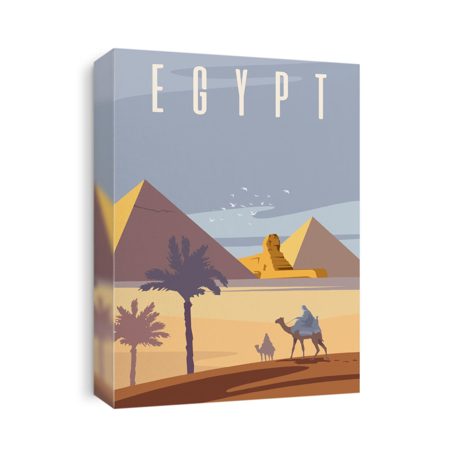 Vector art deco retro poster. The Egyptian pyramids. The Sahara desert. Two men are riding camels.